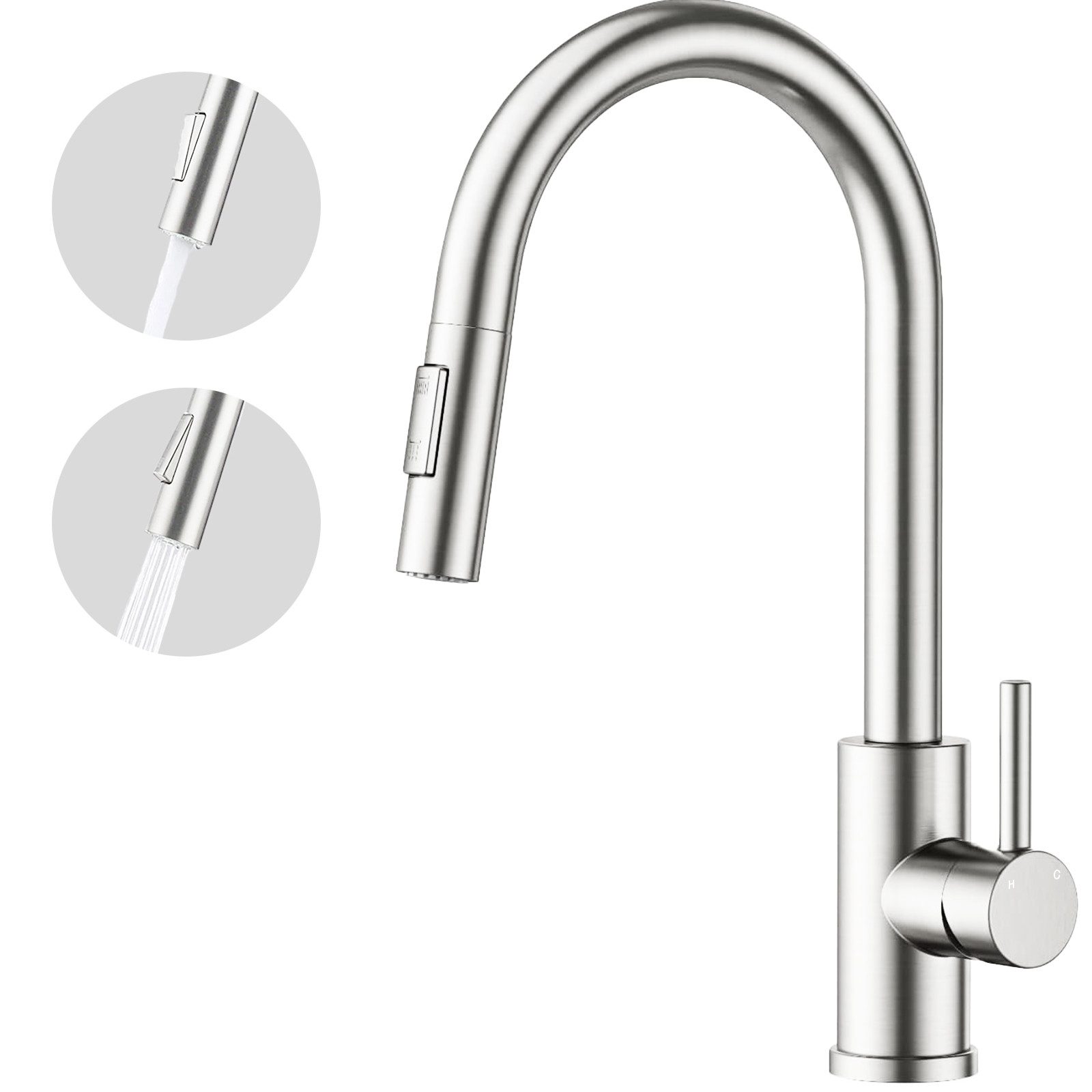 AICA Küchenarmatur Wasserhahn Küche mit Hochdruck, ausziehbar & 360° schwenkbar Einhebelmischer mit 2 Strahlarten, Mischbatterie für Spüle