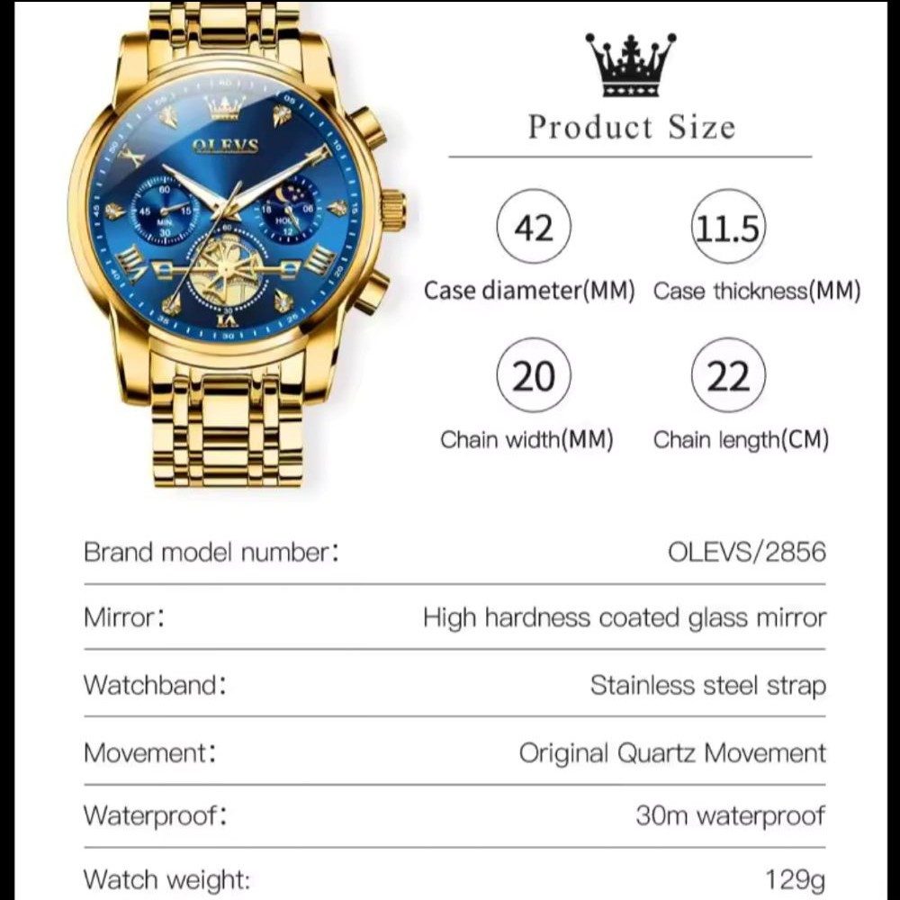 OLEVS Quarzuhr Herrenuhr Olevs Chronograph – Luxuriöses Blau-Gold Design