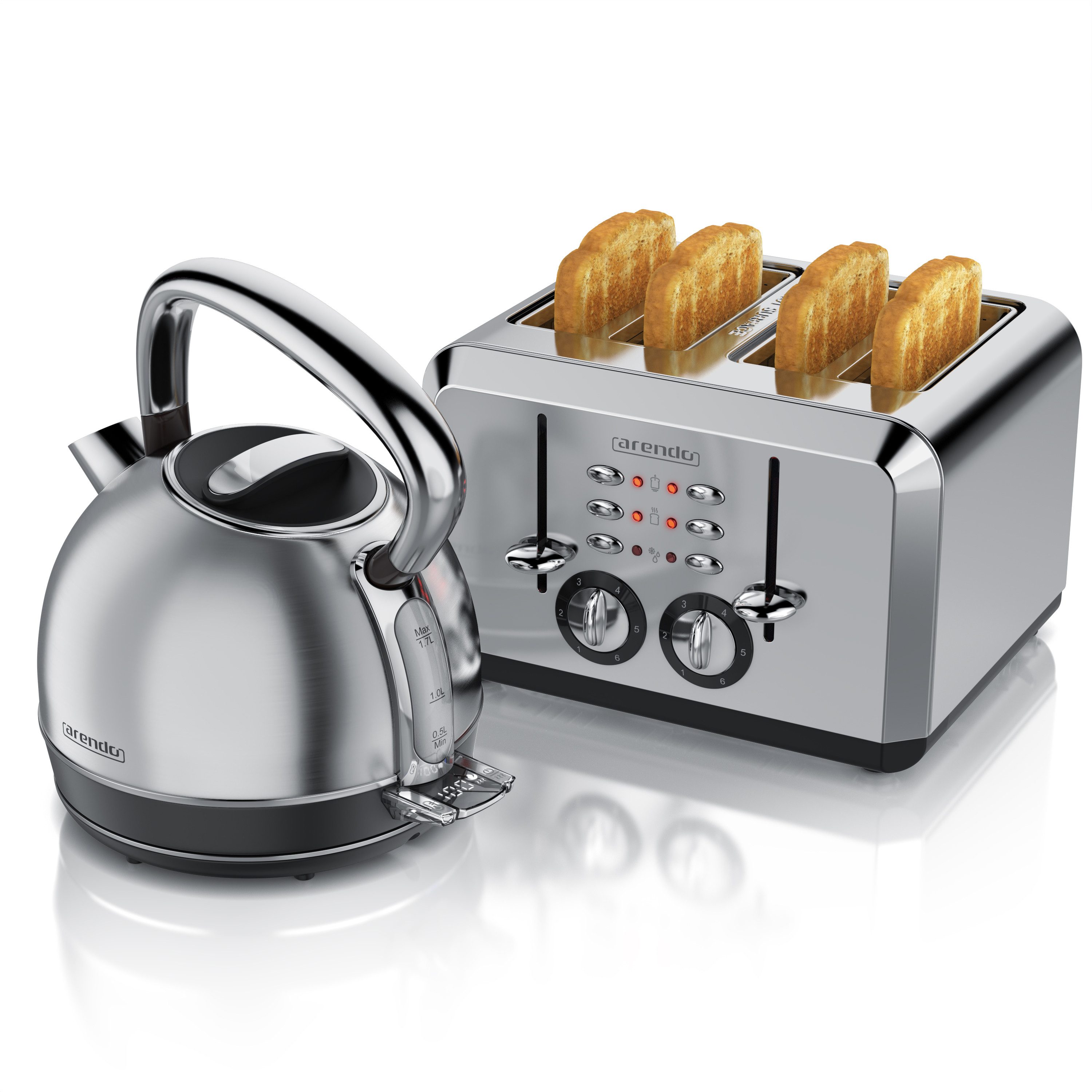 Arendo Frühstücks-Set Edelstahl Wasserkocher 1,7l, 4-Scheiben Kurzschlitz Toaster, silber (2-tlg), Retro Wasserkocher mit Temperatureinstellung, Vintage Toaster