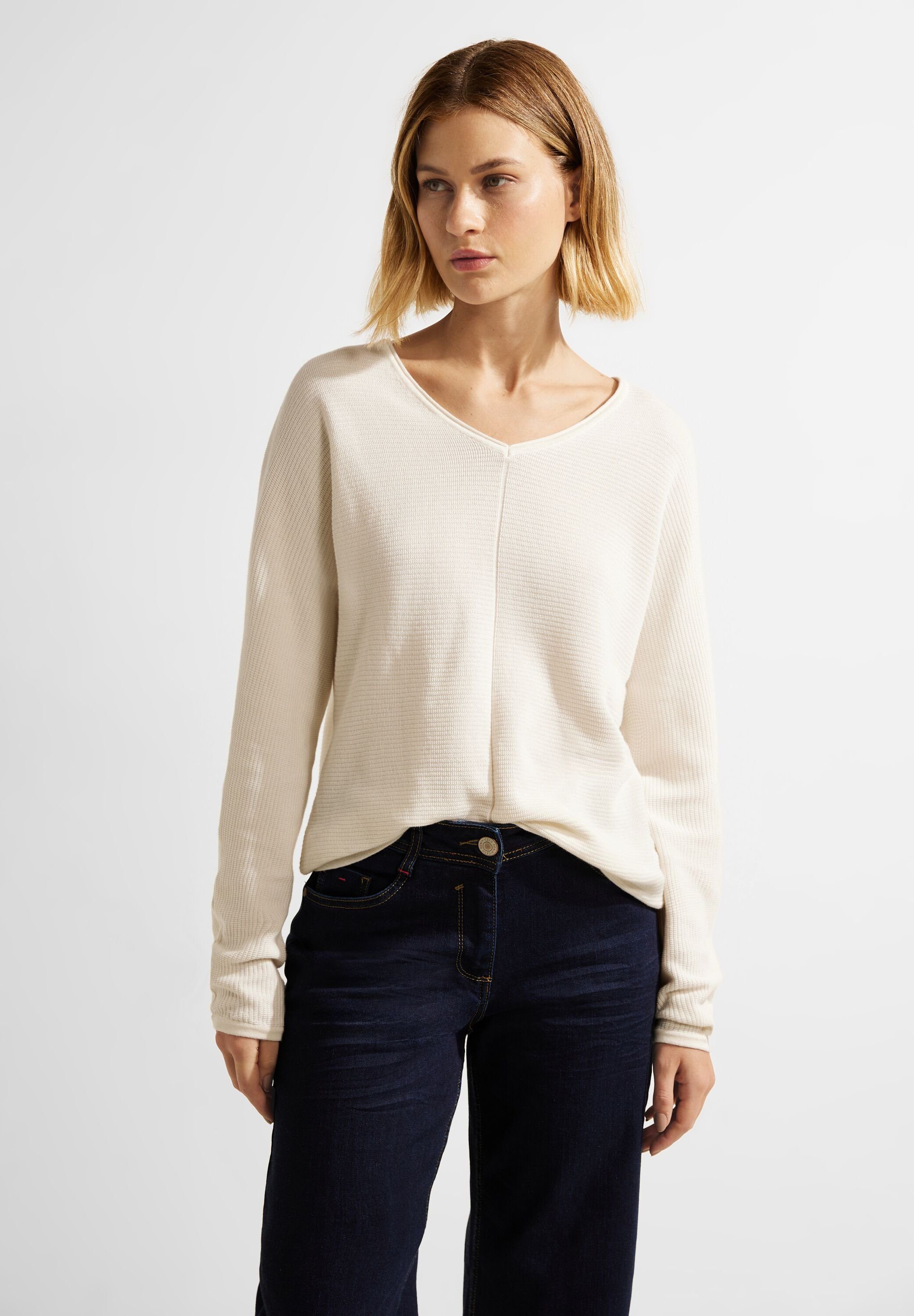 Cecil Strickpullover mit abgerundetem V-Ausschnitt raw sand beige