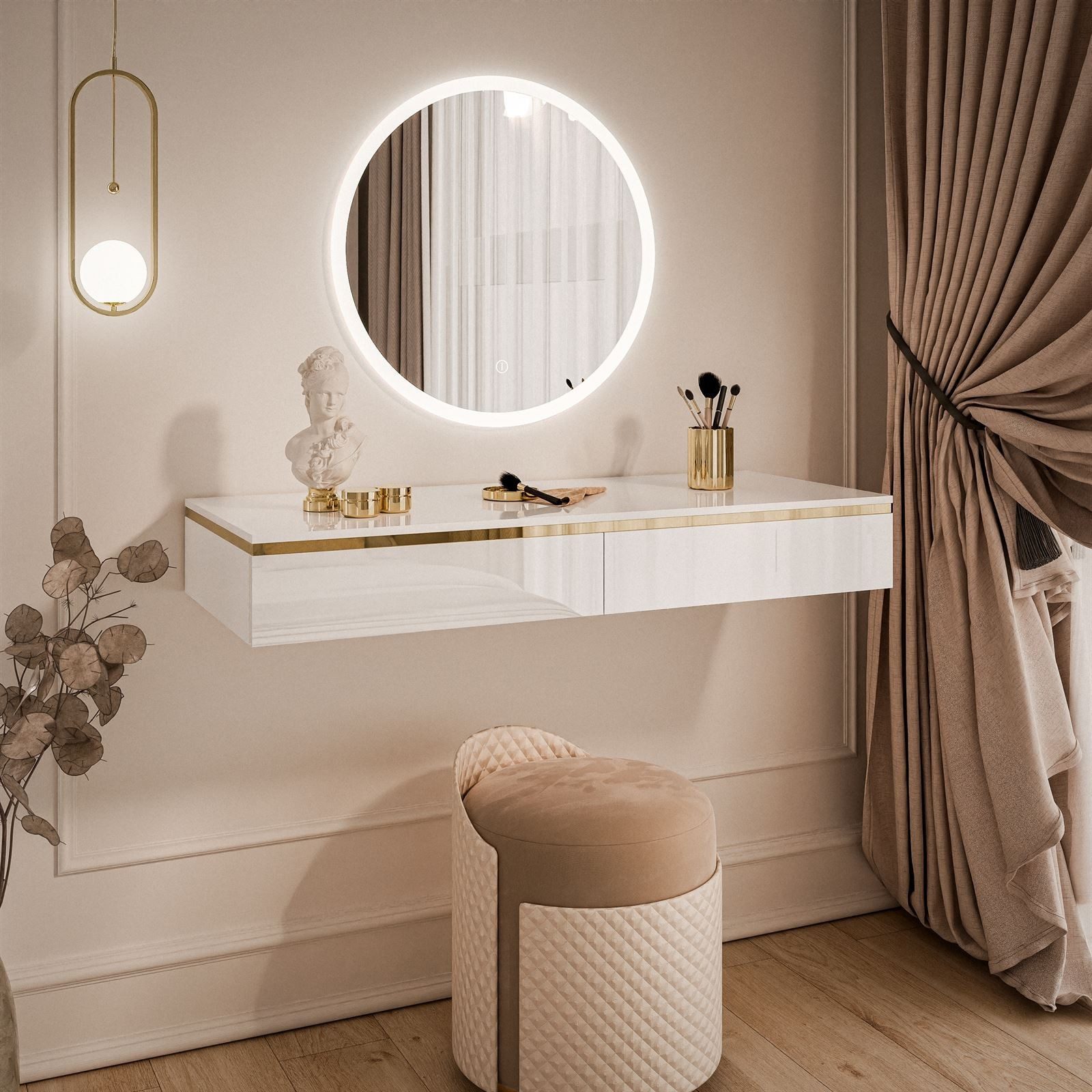 ALLHOUSE24 Schminktisch PEONY weiß Hochglanz mit rundem Spiegel LED Kosmeti günstig online kaufen