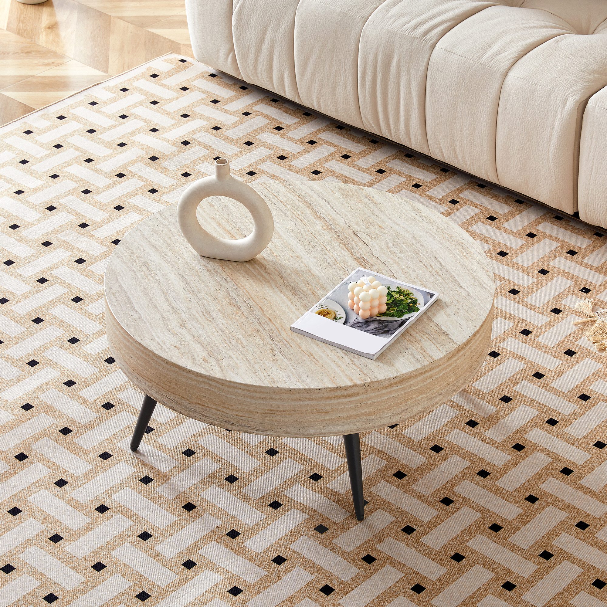 HAUSS SPOLE Couchtisch Rund Kaffeetisch Beistelltisch Metallbeine in Travertin-Holzoptik (Wohnzimmertisch mit 70 cm Durchmesser), Sofatisch für Wohnzimmer und kleine Räume.