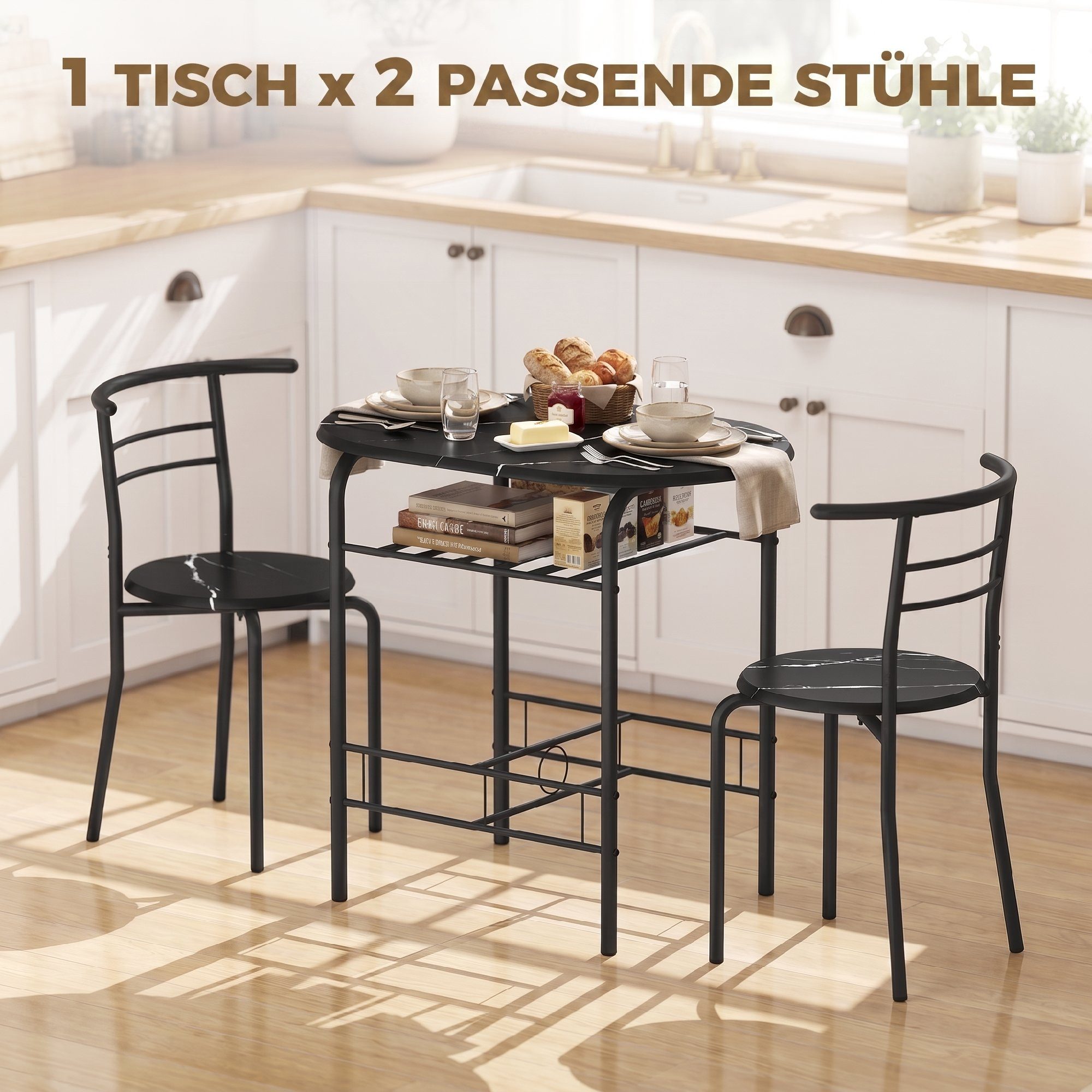 HOMCOM Essgruppe Sitzgruppe Küchentisch mit Metallgestell, Ablageregal, Marmor-Optik, (Set, 3-tlg), Tisch mit Regalablage, platzsparende Stühle – Bild 4 von 5