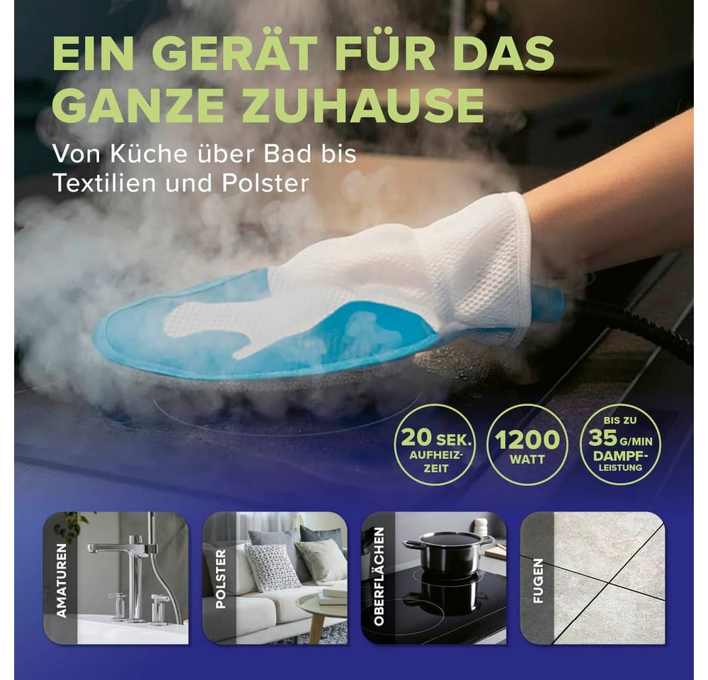 Lichterblitz Dampfreiniger Handdampfreiniger mit Handschuh - Polsterreiniger mit 7 Aufsätzen, 1200 W, Dampfreiniger Handgerät, 100 °C Dampf entfernt bis zu 99,9 % Keime