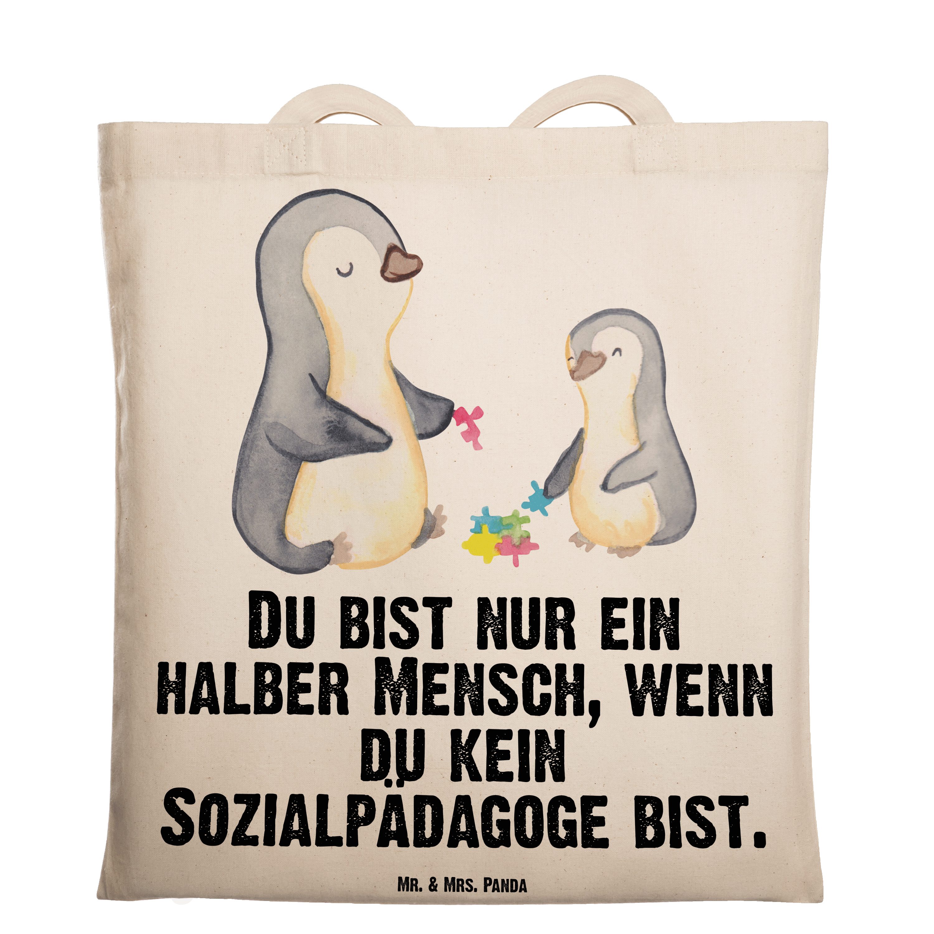 Mr. & Mrs. Panda Tragetasche Sozialpädagoge mit Herz - Transparent - Geschenk, Jutebeutel, Beutelt (1-tlg)