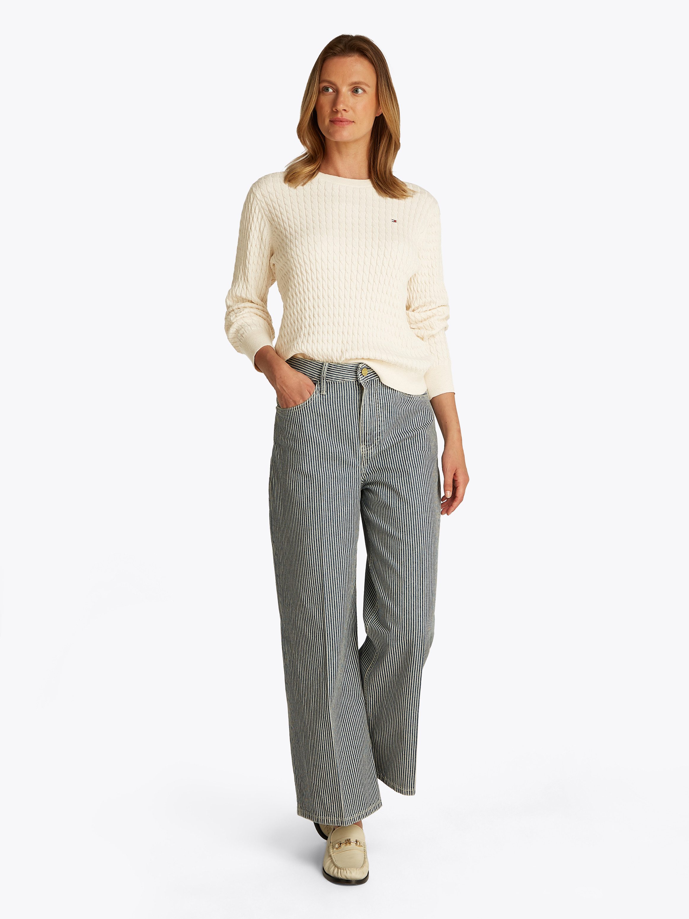 Tommy Hilfiger Rundhalspullover CO CABLE C-NK LS SWEATER Baumwolle, mit Zopfmuster