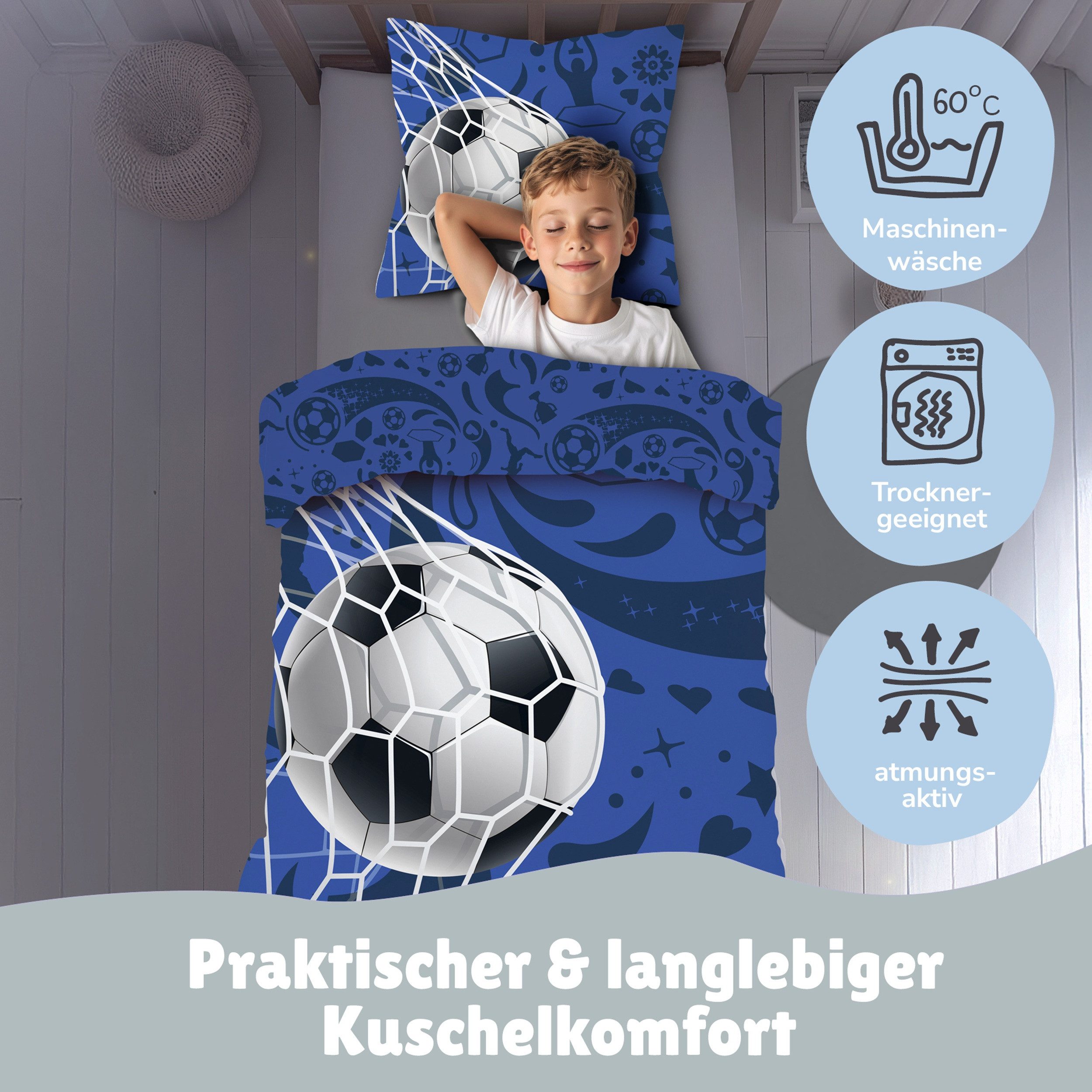 Familando Kinderbettwäsche Fußball, Set 135x200 80x80 cm, 100% Baumwolle, Reißverschluss, Renforcé, 2 teilig, mit Schriftzug und Wendeseite