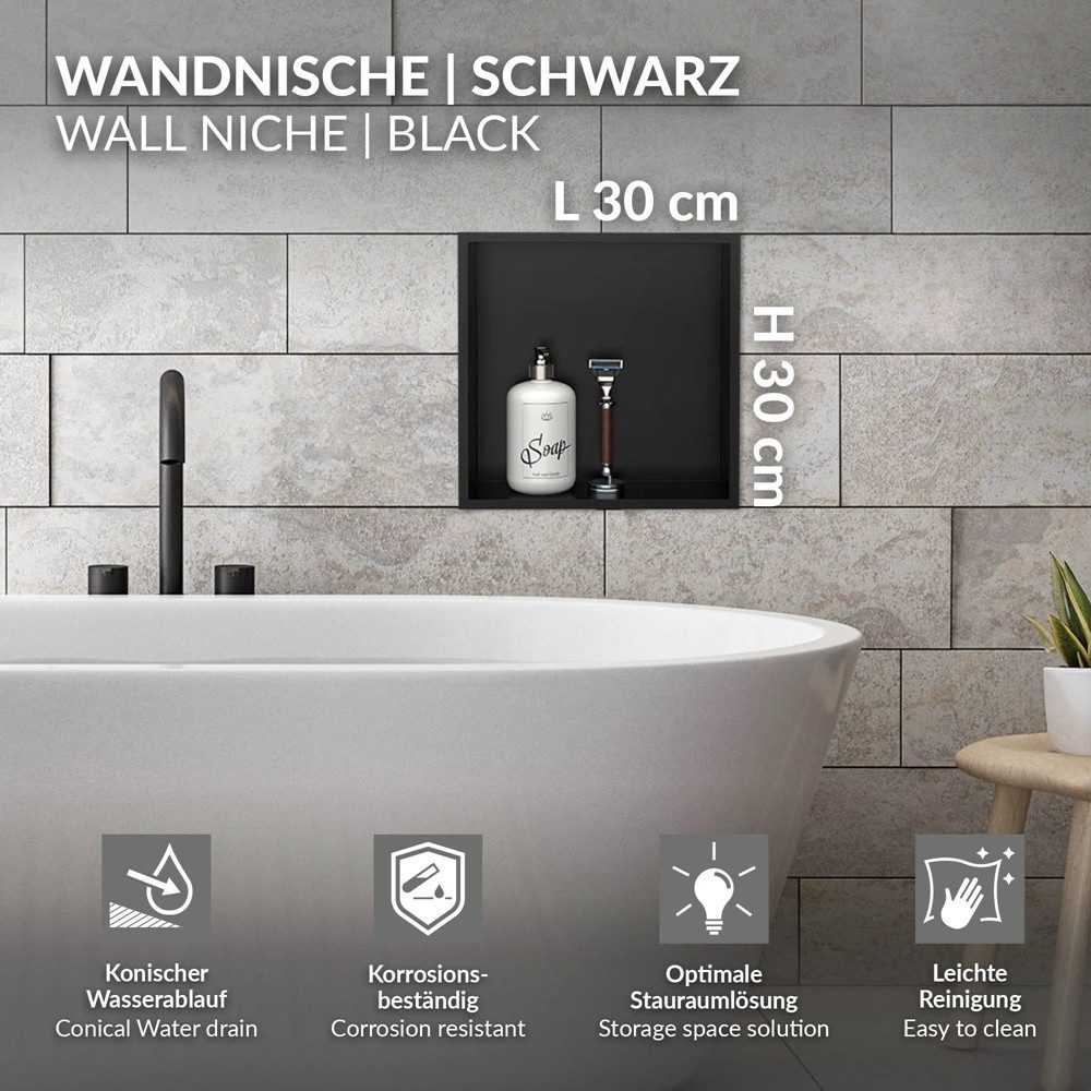 LuxeBath Wandnische aus Edelstahl 30x30x10 cm Schwarz Duschnische mit Rahme günstig online kaufen