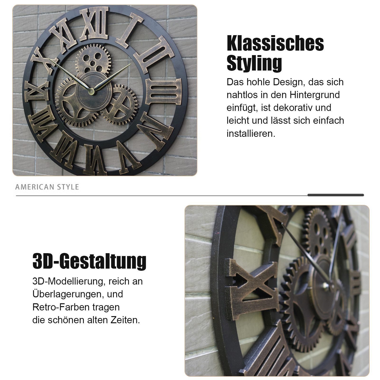 TWSOUL Wanduhr 34CM 3D Handgefertigte Imitation Eisen Handwerk leise Wanduhr (Dekorative Wanduhr, Industrie-Zahnrad)