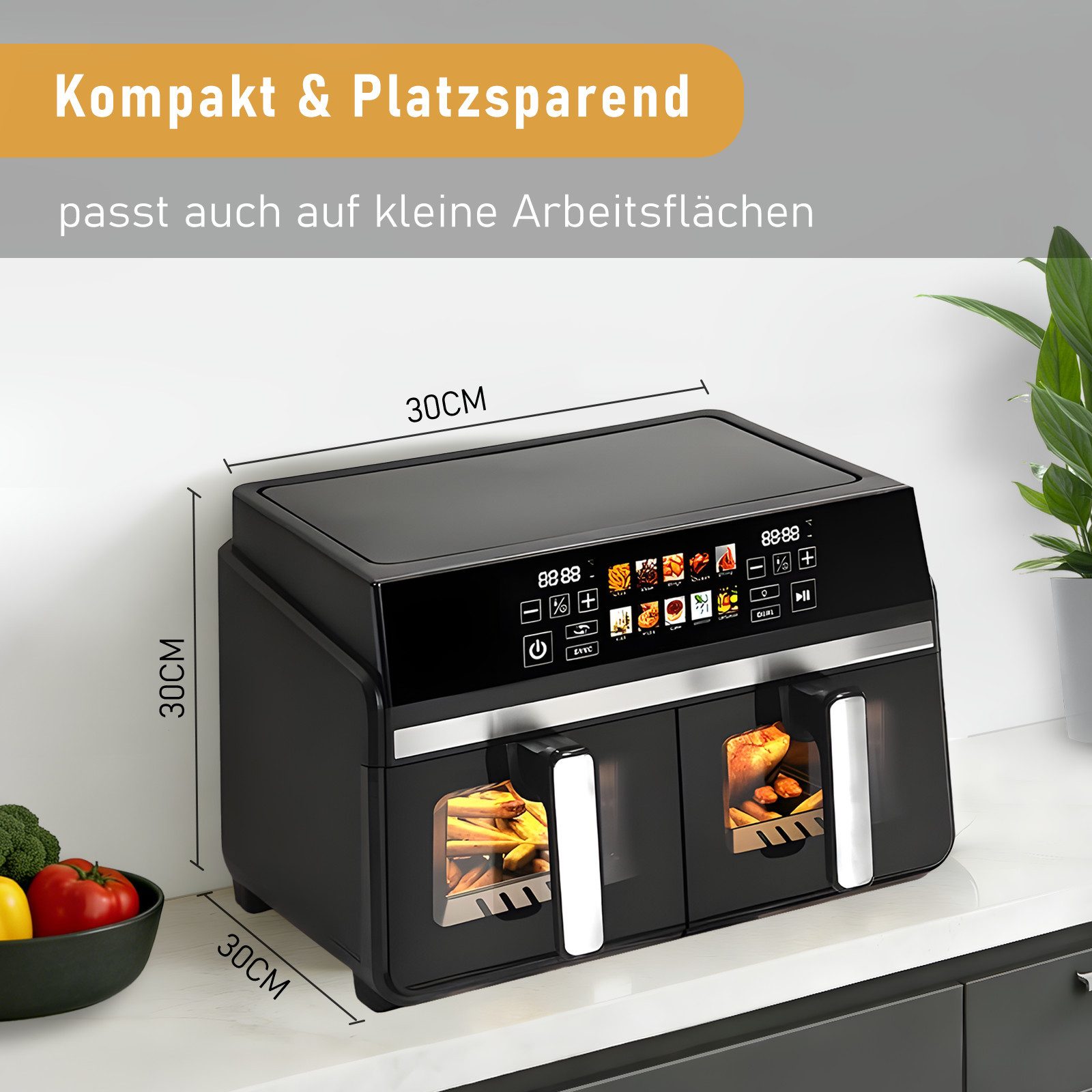 Nettlife Heißluftfritteuse AIR FRYER Dual Zone 2 Kammern 10L Gesamtvolumen 2x5L Sichtfenster Touchscreen, 2200 W, SYNC & DUAL Technologie Timer 24h spülmaschinengeeignet