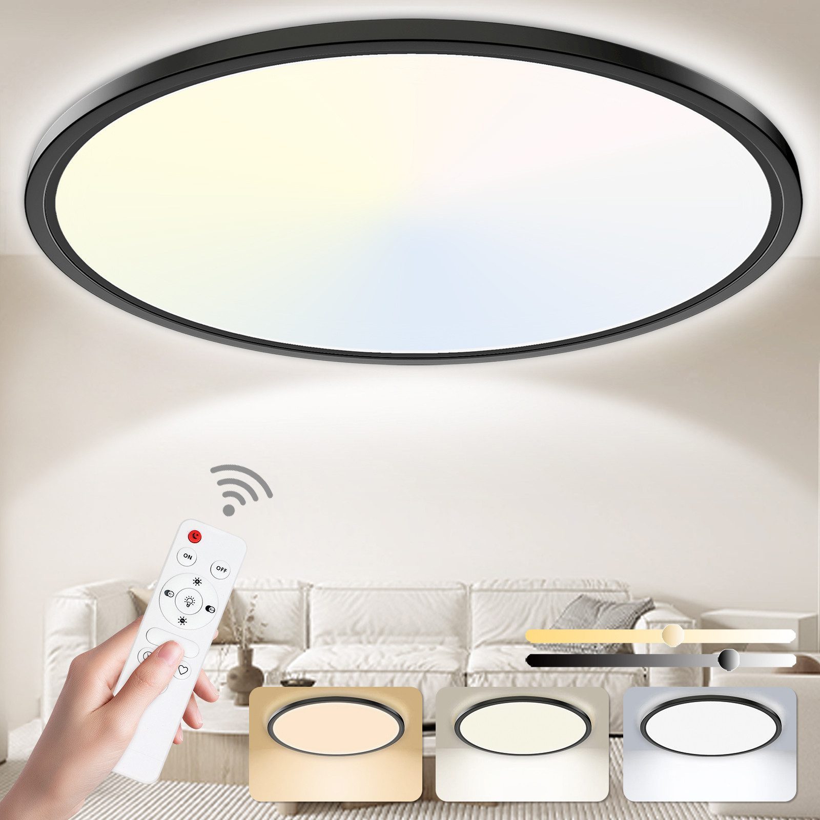 Ophy LED Deckenleuchte Ultraflache LED Deckenlampe (30 cm, rund) – 24 W, 3200 lm, dimmbar, Fernbedienung, 3000–6500 K, IP54, für Wohnzimmer, Küche, Bad, Schlafzimmer