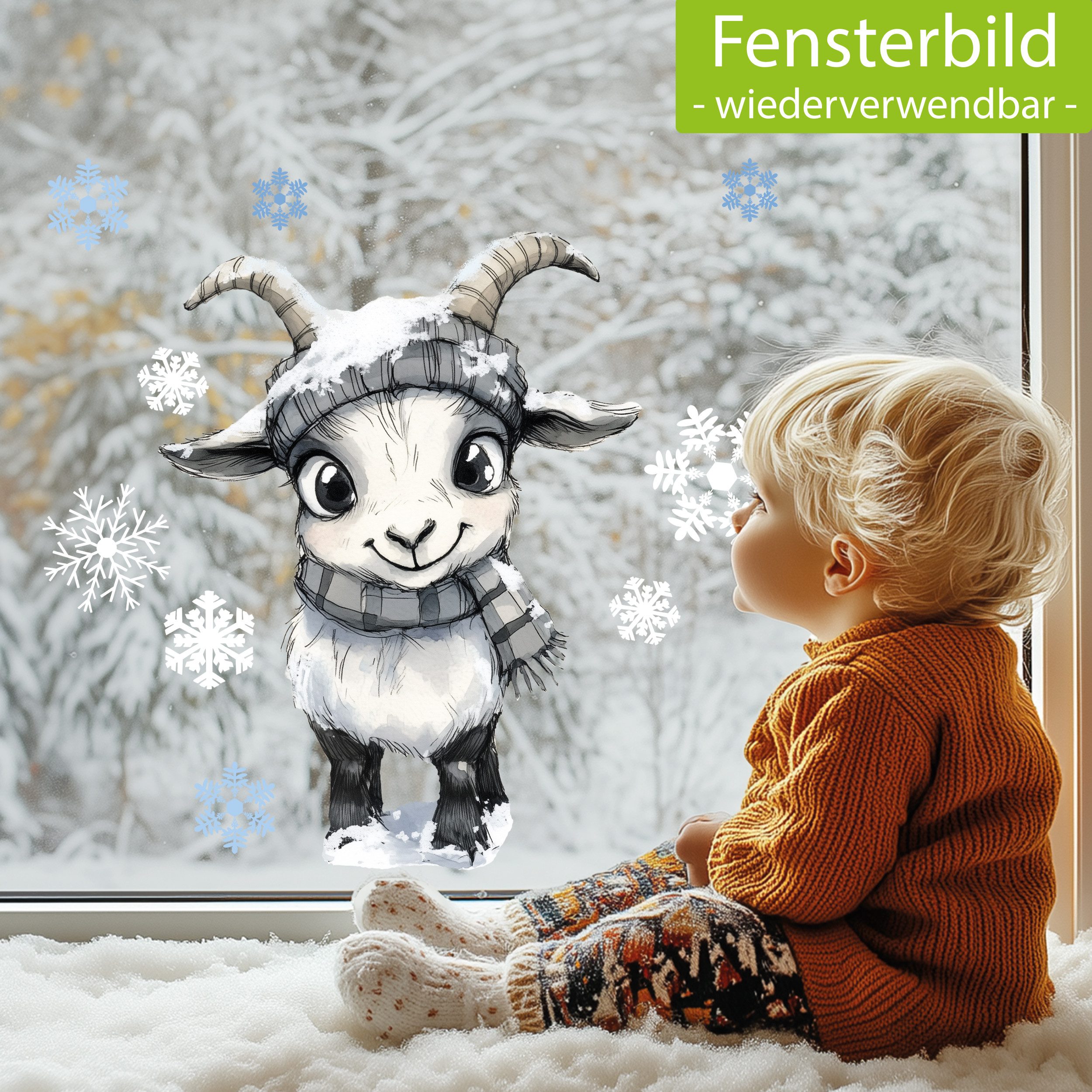 Sunnywall Fensterbild Kinderzimmer Fensterbild Winter Ziege, wiederverwendbar, statisch haftend, beidseitiger Druck