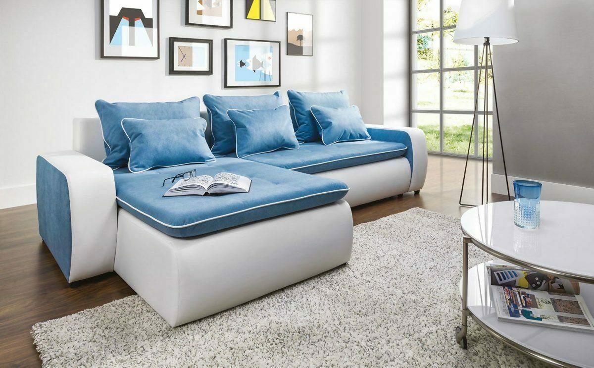 JVmoebel Ecksofa Blau-weißes Ecksofa Moderne Textil Couch Wohnzimmer Sitzmöbel, Made in Europe