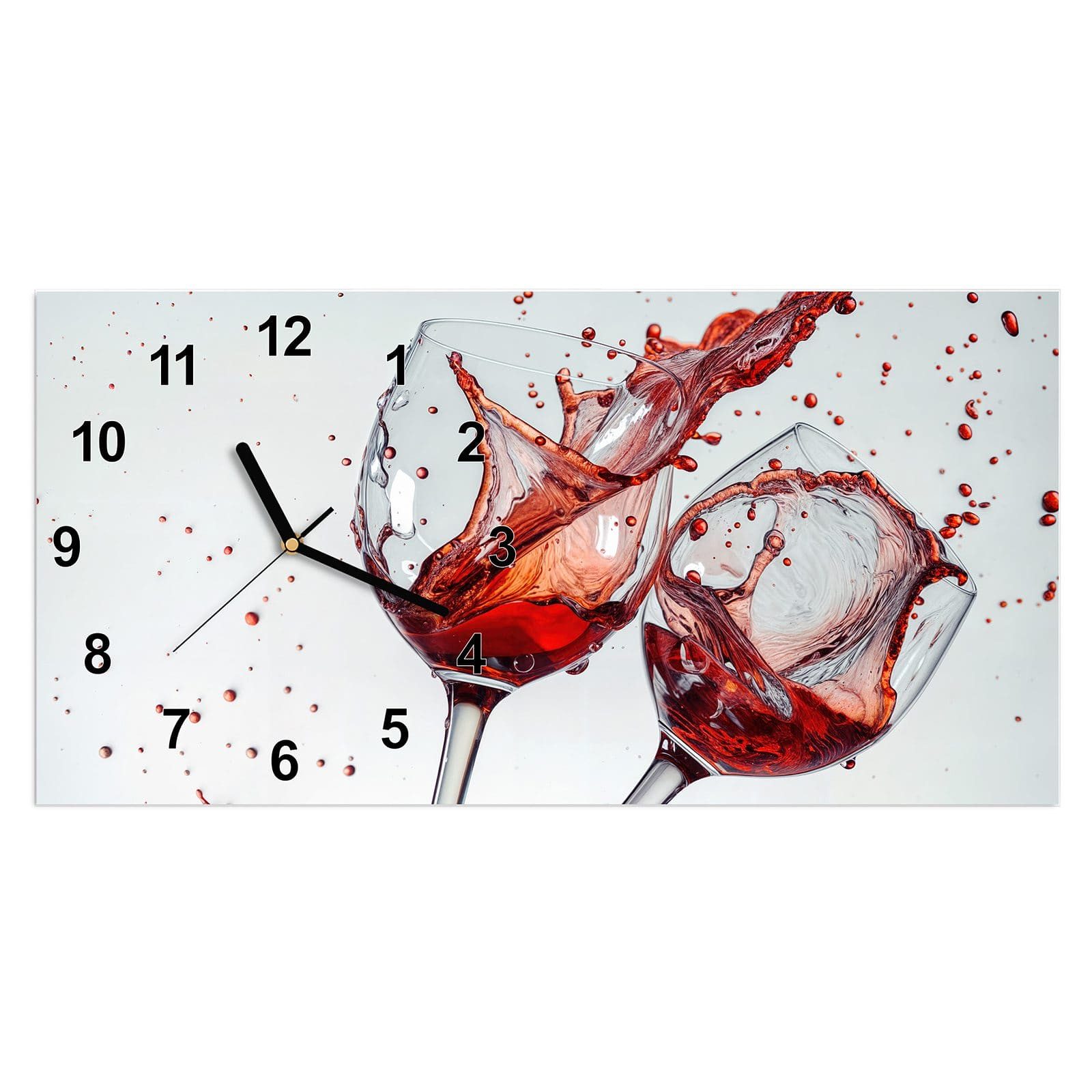 Wanduhr Glasuhr Wandkunst Größe 60 x 30 cm mit Motiv Weinkelchplätschern