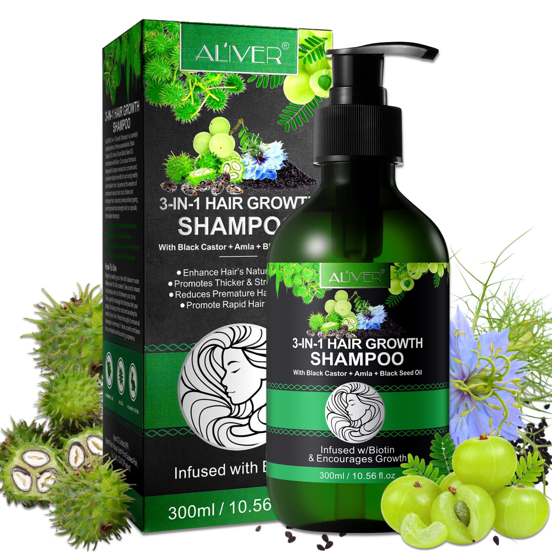ALIVER Haarshampoo Kopfhaut Pflege Haarwachstum mit Rizinusöl Amlaöl Schwarzkümmelöl, 1-tlg., Vegan, mit biotin angereichert