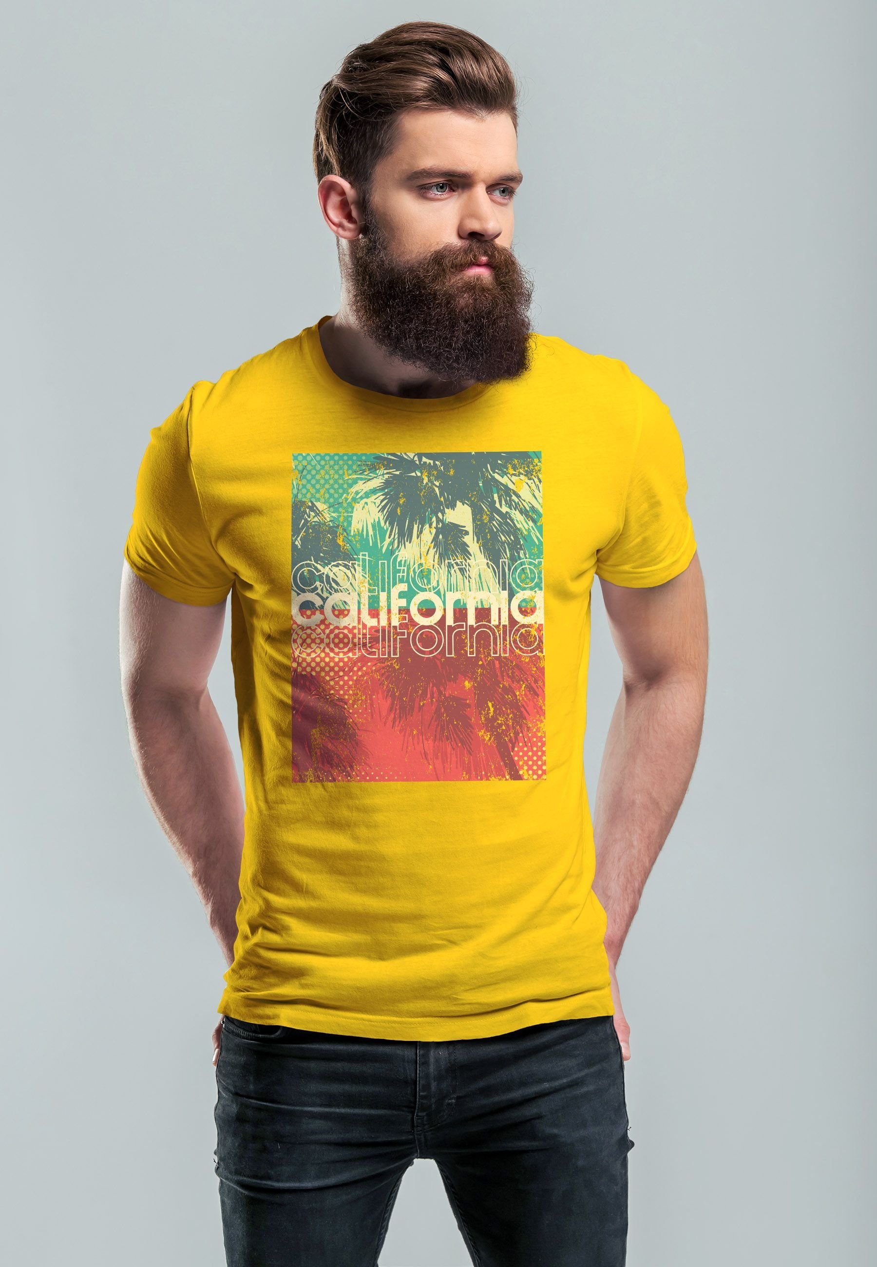 Neverless Print-Shirt Herren T-Shirt gelb Top Sommer Aufdruck Palmen mit Abstra California Print Foto Print