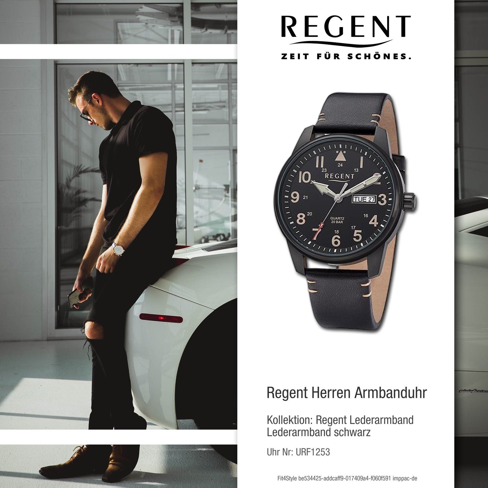 Regent schwarz, Herren Gehäuse, Lederarmband Quarzuhr Armbanduhr rundes (40,5mm) Analog, Regent braun, groß Herrenuhr