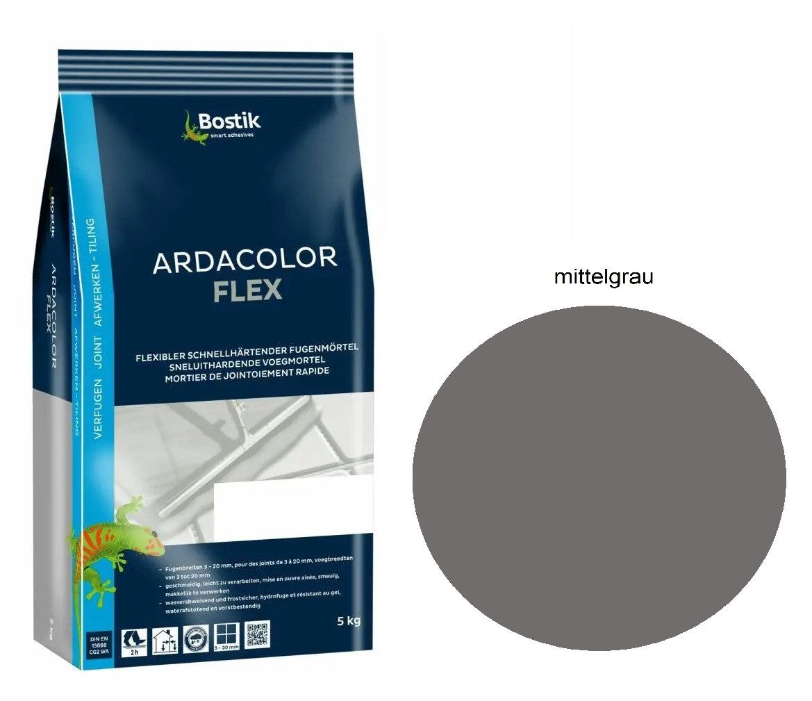 BOSTIK Fugenmörtel Bostik Ardacolor Flex Fuge mittelgrau 5Kg Fliesen Naturstein Fugenmass, nach 2 Stunden begehbar