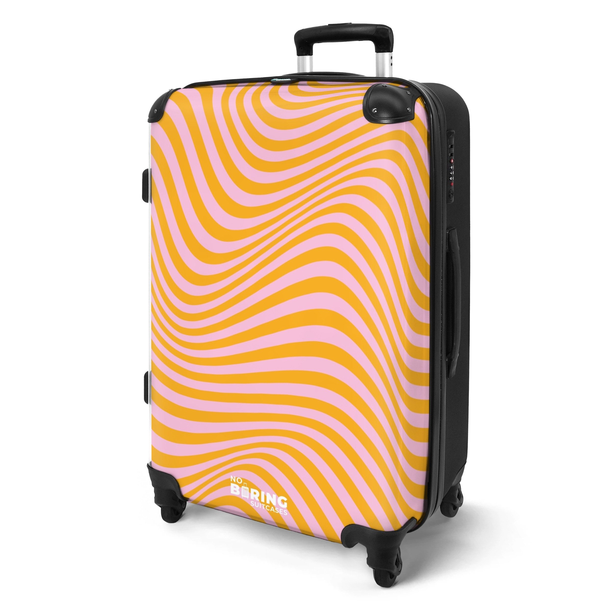 NoBoringSuitcases.com© Hartschalen-Trolley Rosa mit orangefarbenen Wellenli günstig online kaufen