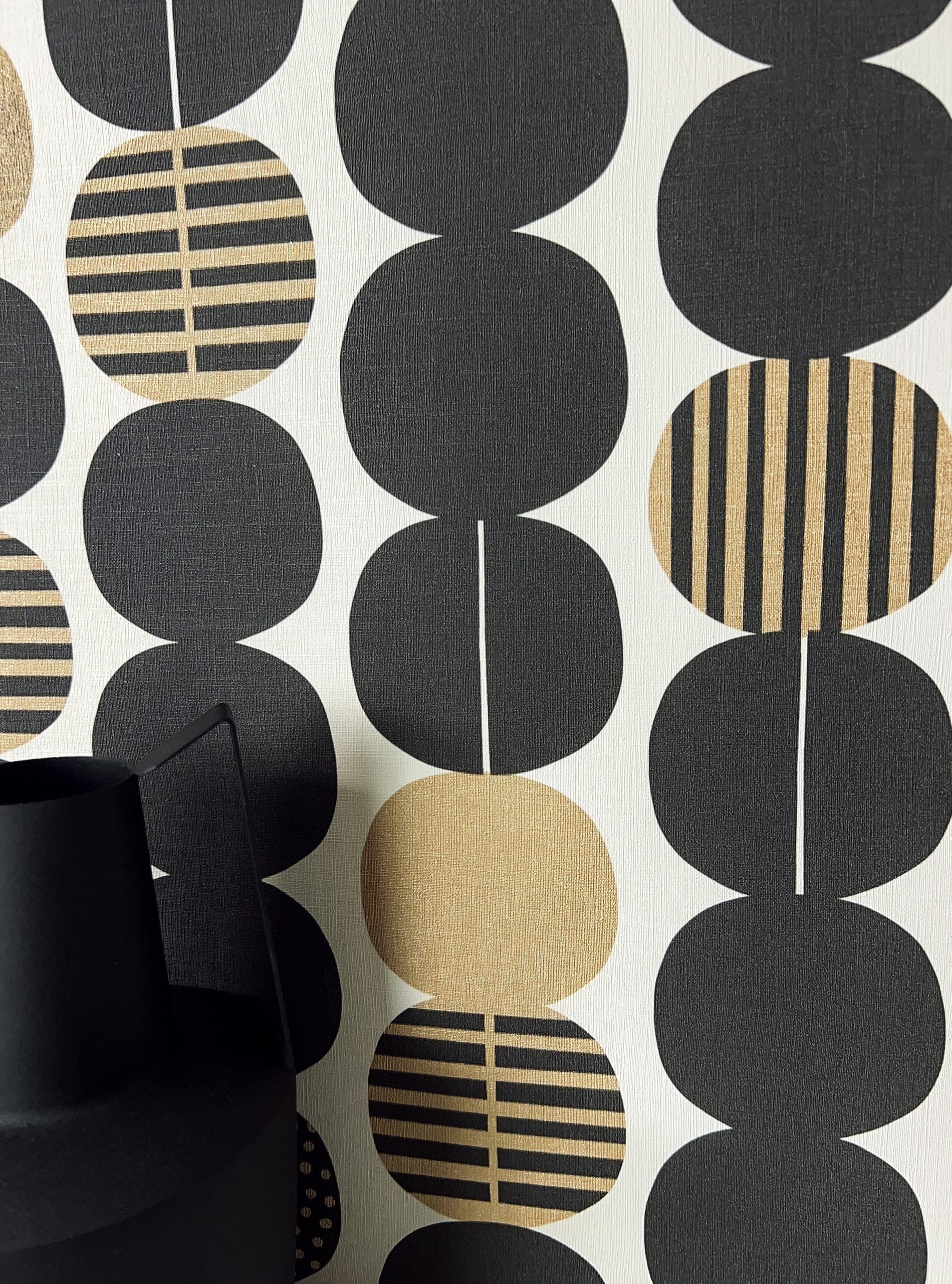 Newroom Vliestapete, Schwarz Tapete Modern Kreise - Mustertapete Retro Gold Weiß Geometrisch Grafisch Grafisch Motiv für Wohnzimmer Schlafzimmer Küche