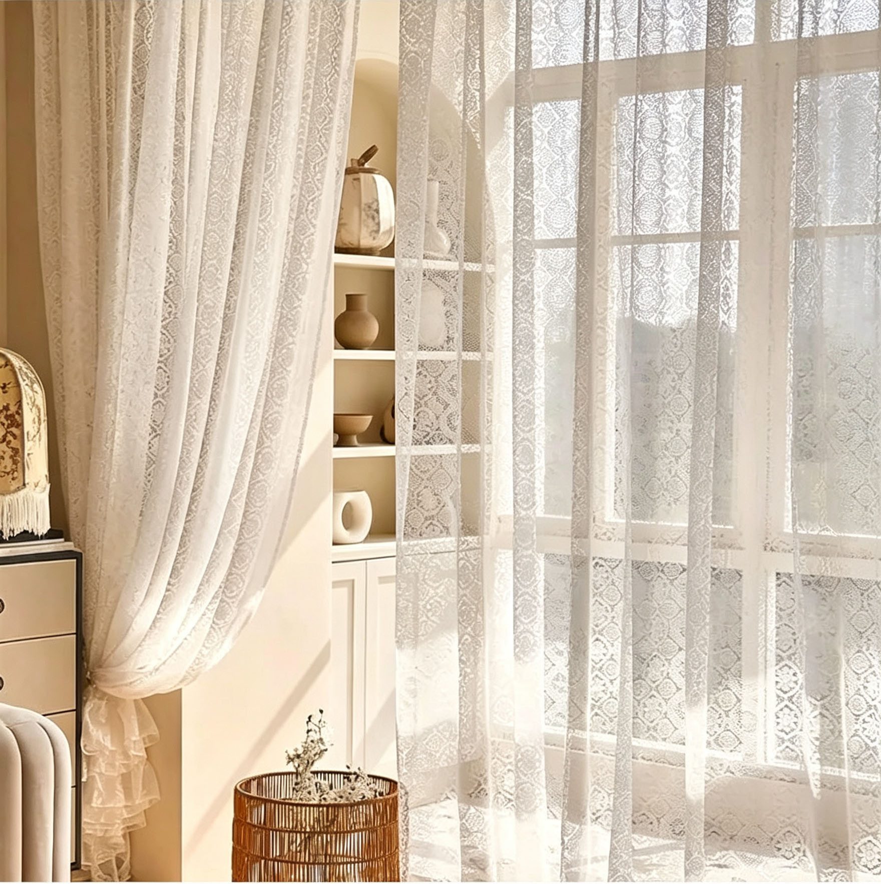 Agger Gardine Vintage-weißer Spitzenvorhang, lichtdurchlässiger Boho-Vorhang, französischer Häkel-Dekorationsvorhang für Schlafzimmer und Wohnzimmer