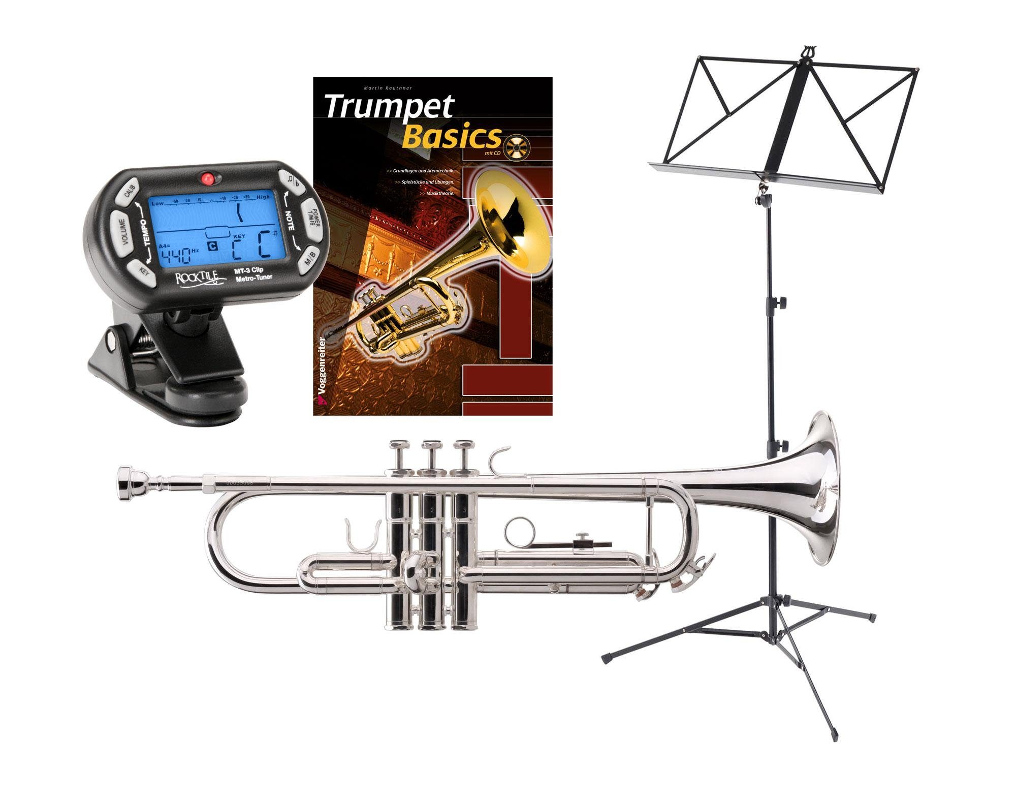 Classic Cantabile Trompete TR-40S Bb-Trompete Set versilbert Bb, Anfänger-Set, inkl. Koffer, Mundstück, Tuner & Notenständer, Mundrohr: Goldmessing, Schallbecher: 125 mm