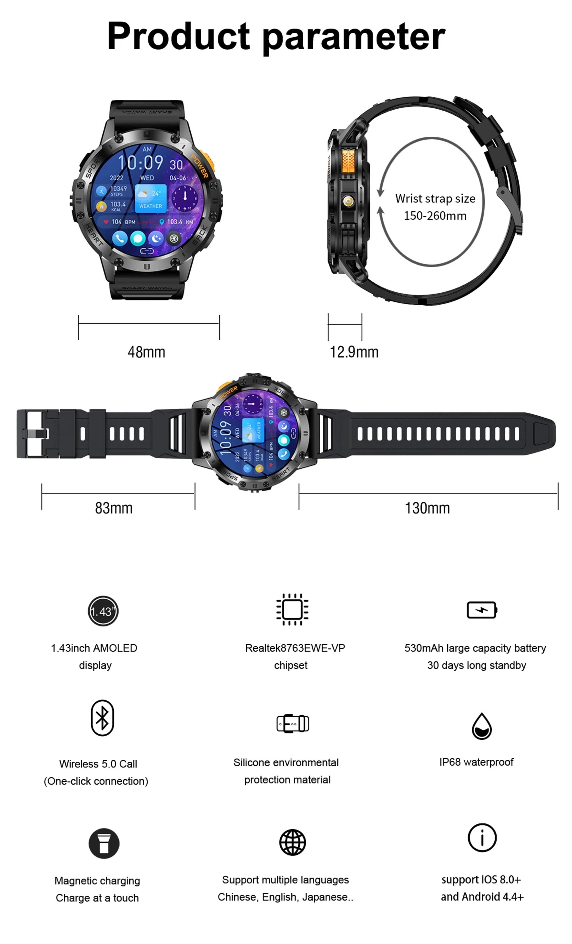 Nagham Ghazal Aswad Smartwatch 1,43 Zoll Bildschirm Bluetooth Anruf Taschenlampe Sport Smartwatch (4,8cm cm/1,43 Zoll)