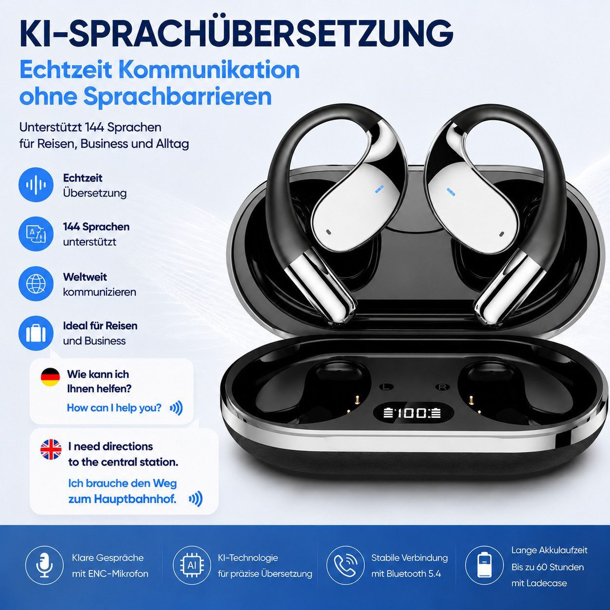 Fyrove KI-Übersetzer Bluetooth Kopfhörer mit Ohrbügel Open-Ear-Kopfhörer (Bluetooth 5.4 Sportkopfhörer, ENC Mikrofon, 3-in-1 für Übersetzen, Telefonieren & Musik, Ladeetui)