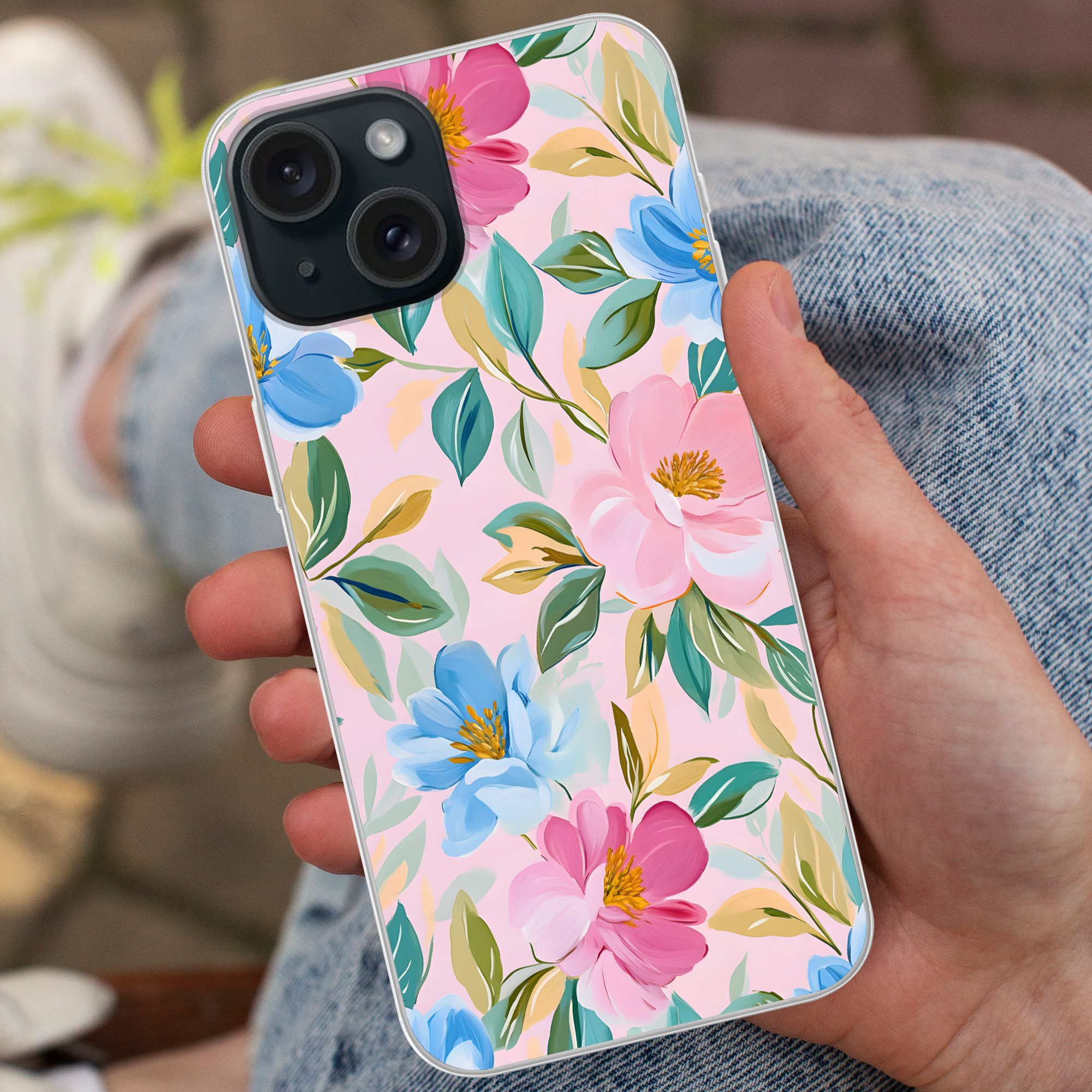 MuchoWow Handyhülle für Apple iPhone 15 Blau - Rosa - Blumen, Smartphone-Bumper, Print, Handy Schutzhülle Dünn