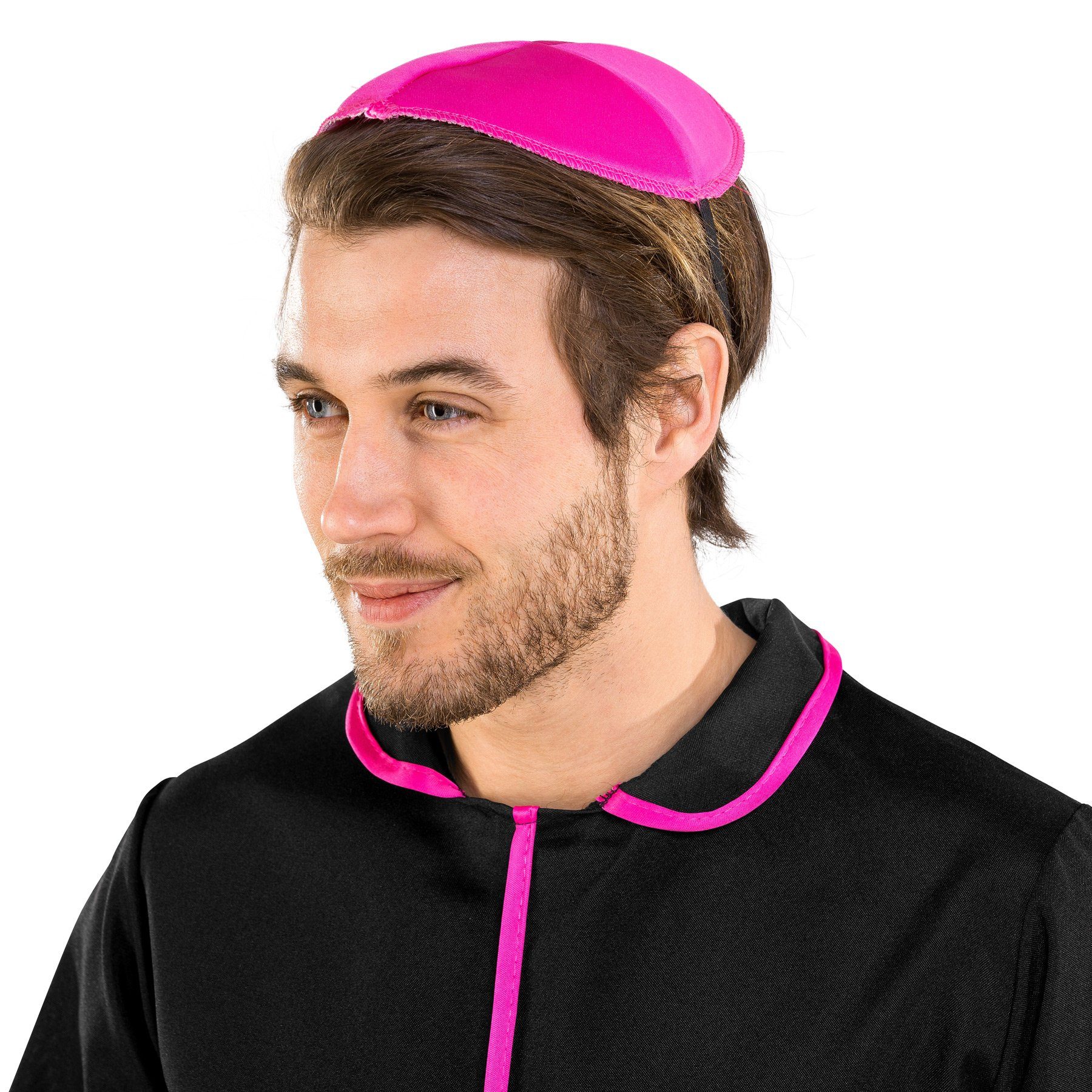 dressforfun Kostüm Mönch, auch Prediger, in schwarz, Gr. M, Gürtel mit Klettverschl., Scheitelkäppchen, Bunter Saum am Stehkragen an den Ärmeln und vorn