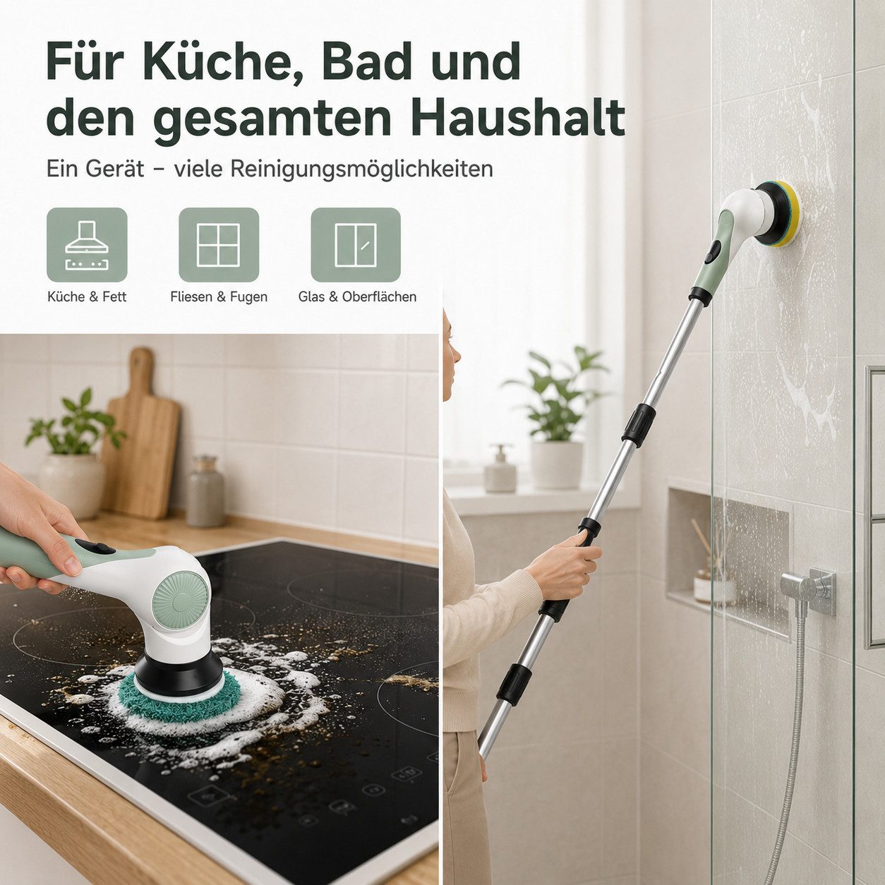 Tekoo Reinigungsbürste Elektrische, Akku Schrubber mit 10 AustauschbarenBohrbürstenköpfen, Hartböden, Fliesen, Fugen, Fenster, Kochfelder, 3-stufig, LED-Display, Überlastschutz & Softstart