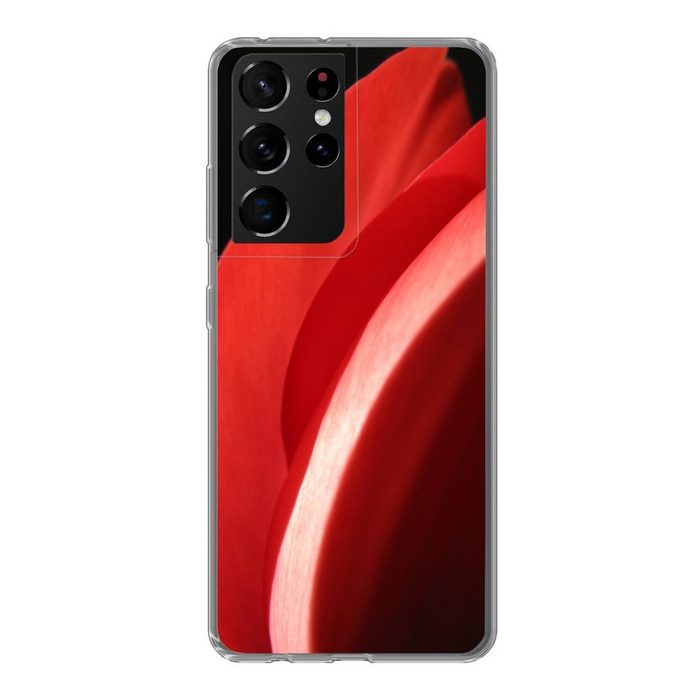 MuchoWow Handyhülle Nahaufnahme des Kopfes einer roten Tulpe vor einem schwarzen Phone Case Handyhülle Samsung Galaxy S21 Ultra Silikon Schutzhülle