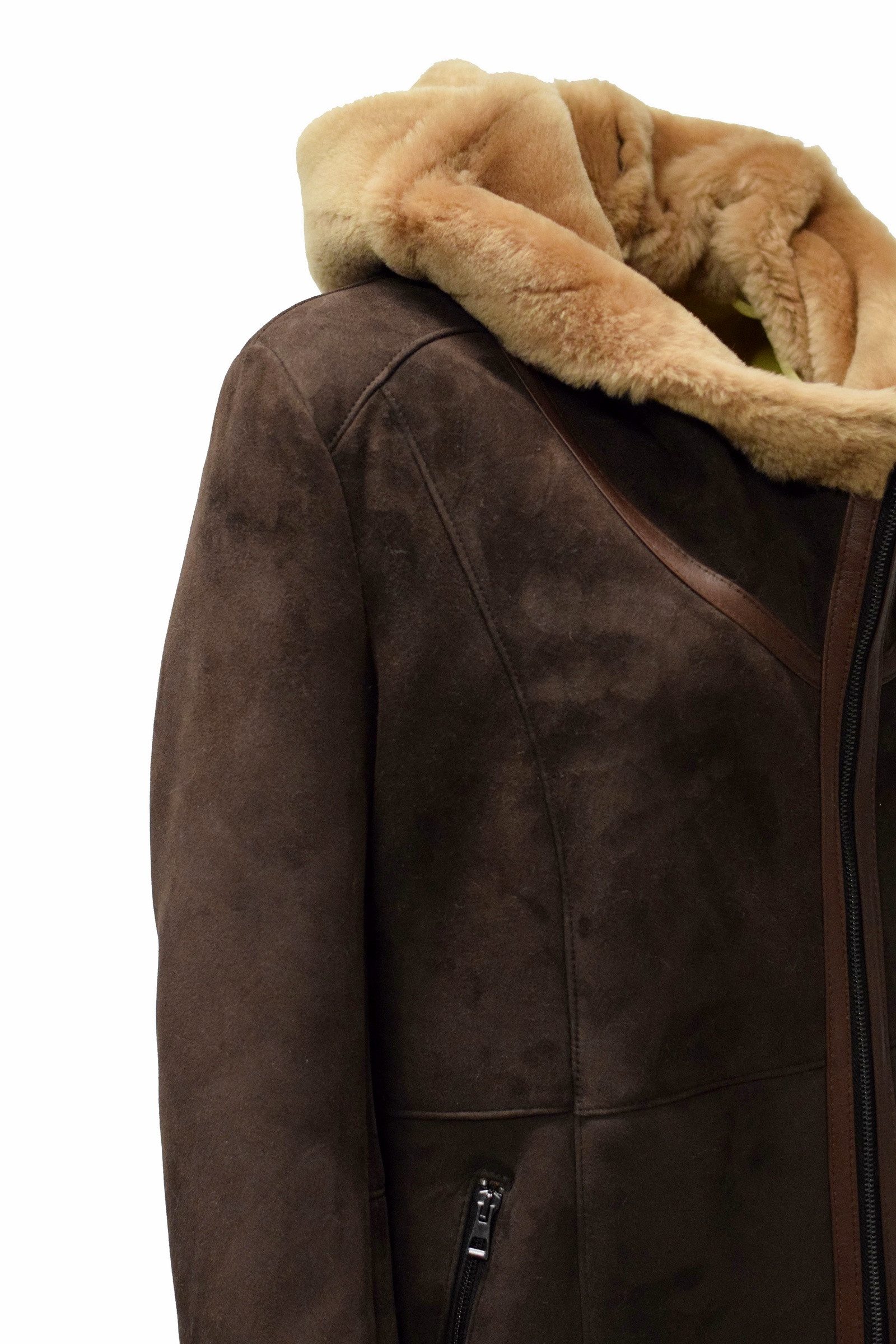 Zimmert Leather Lederjacke Flora weiches Lammfell, Wintermantel, Kapuze, Shearling, Schwarz, Braun – Bild 5 von 5