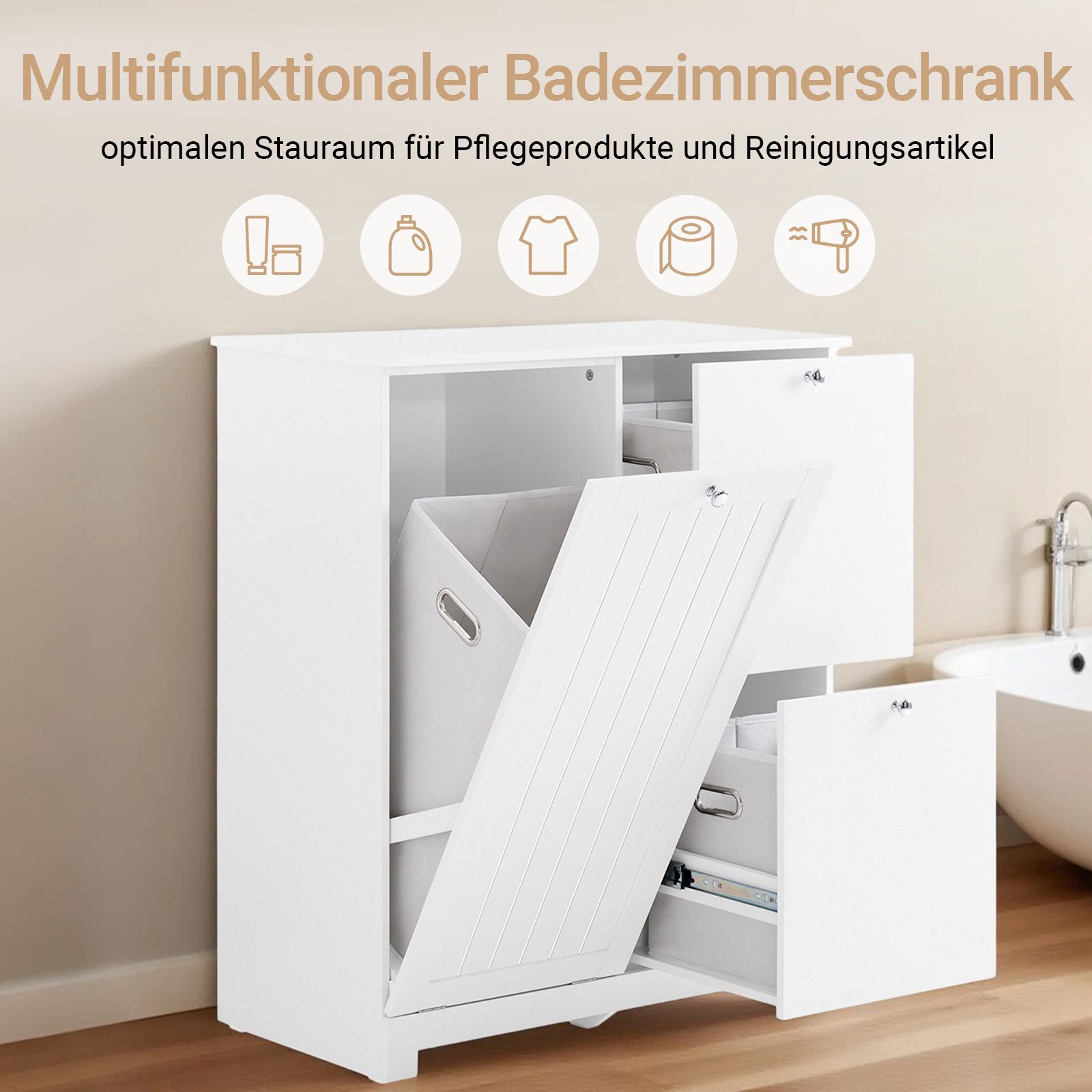 SoBuy Badkommode BZR213, Badschrank Wäscheschrank mit 3 Wäschekörben, Badezimmerschrank, Beistellschrank Badschrank schmal, mit Wäschesammler, 2 Stoffkörben