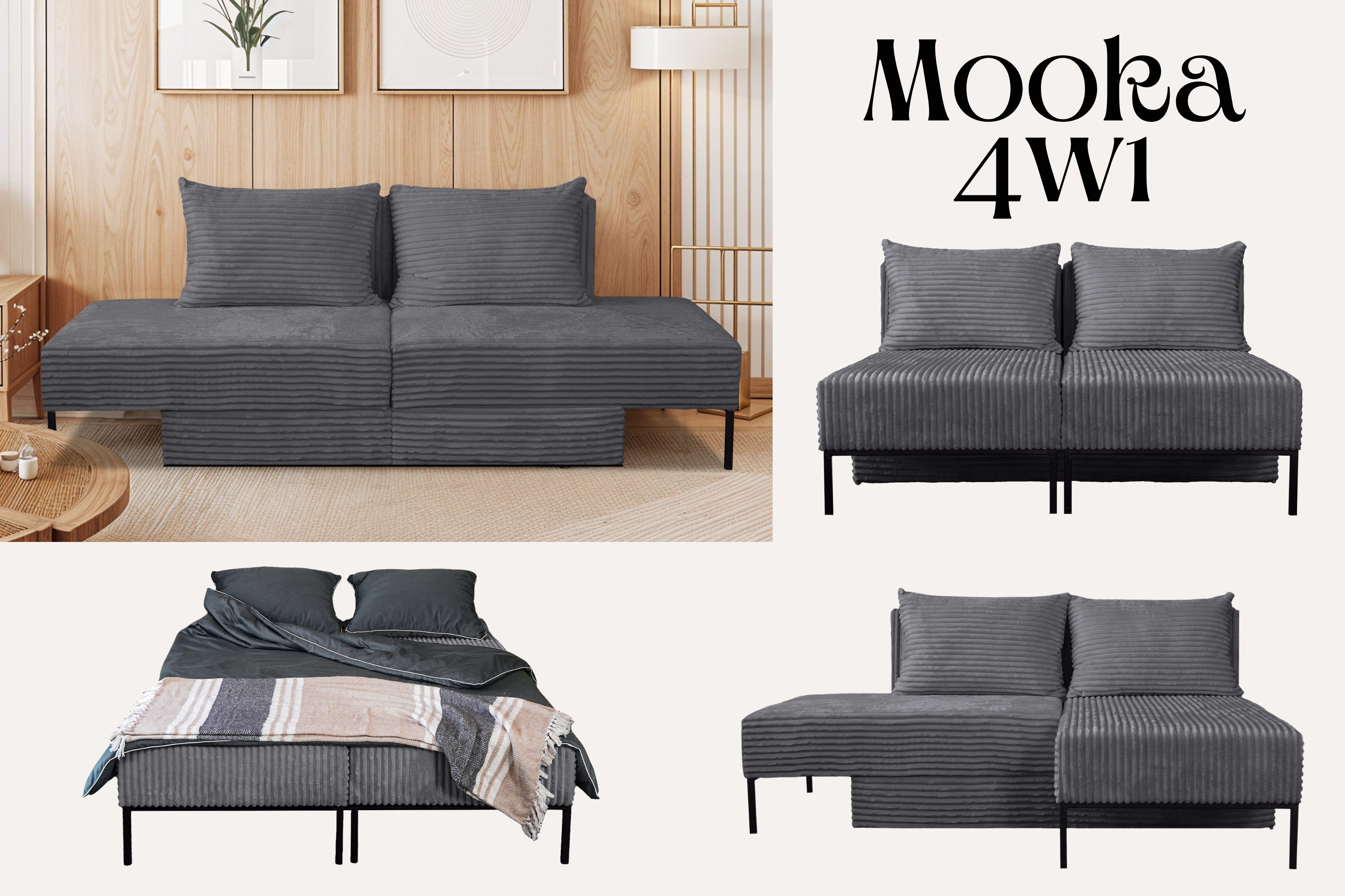 Kaiser Möbel Schlafsofa Ecksofa, Betten, Liegestuhl, MOOKA 4in1-Multifunktions-System