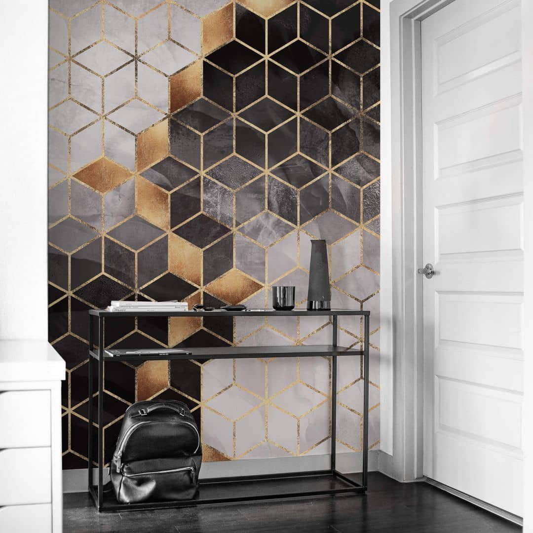 K&L Wall Art Fototapete Große Vliestapete XXL Art Deco geometrisch Hexagon Würfel, Wohnzimmer Wandschutz, Moderne Vlies-Fototapeten für Büro und Wohnraum, hergestellt in Berlin