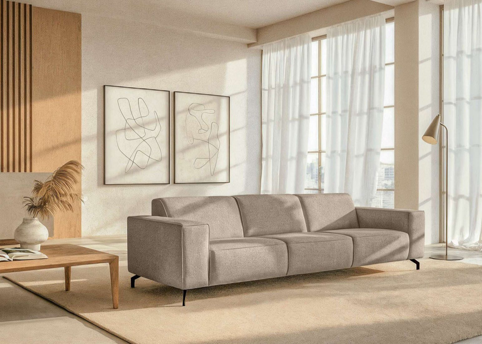 Home affaire 3-Sitzer Lorcan 257 cm, weiches Sitzgefühl, mit schwarzen Metallfüßen, Lederoptik und in weichem Strukturstoff