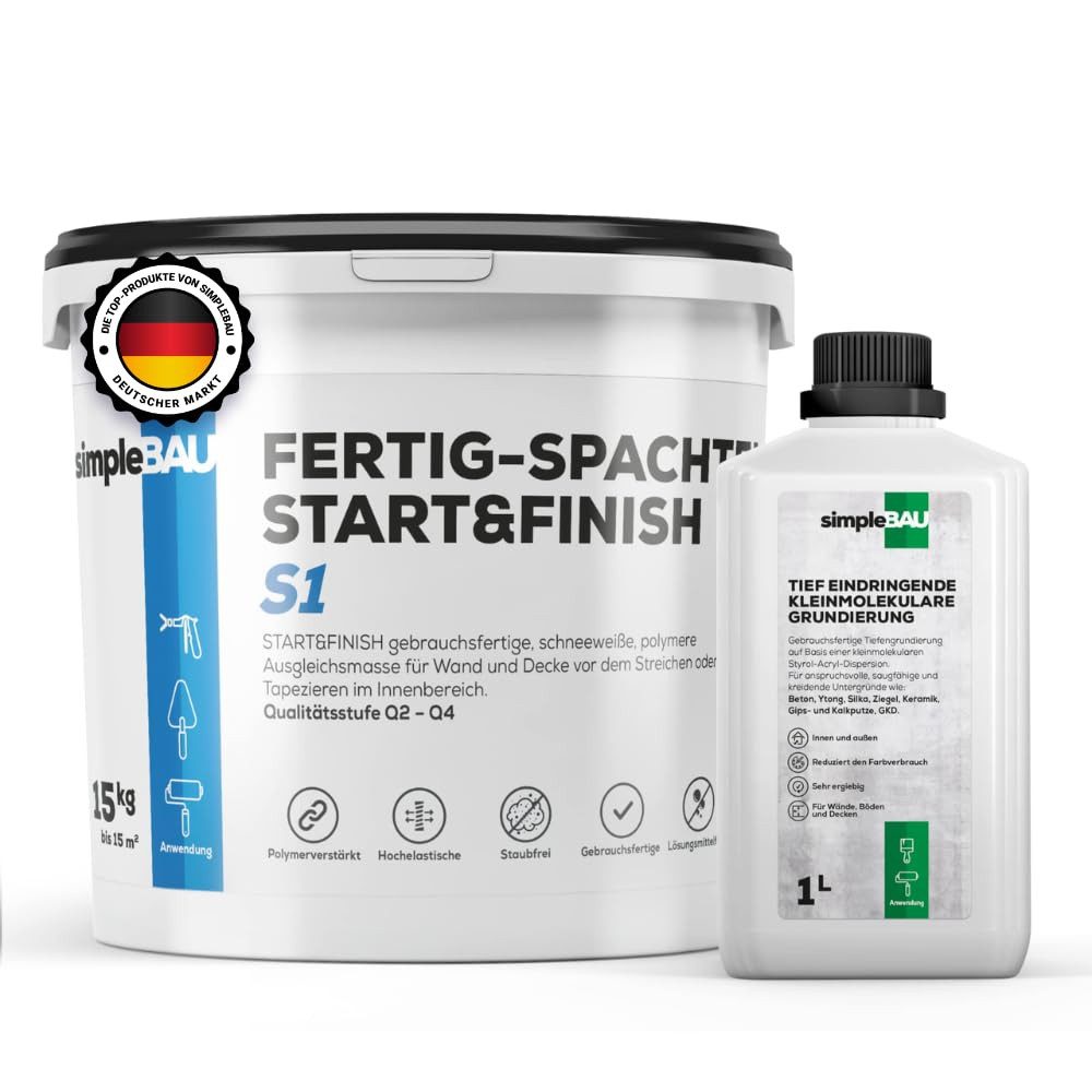 simpleBAU Spachtelmasse Spachtelmasse Weiß Innen 15 KG + 1L Tiefengrund gebrauchsfertig