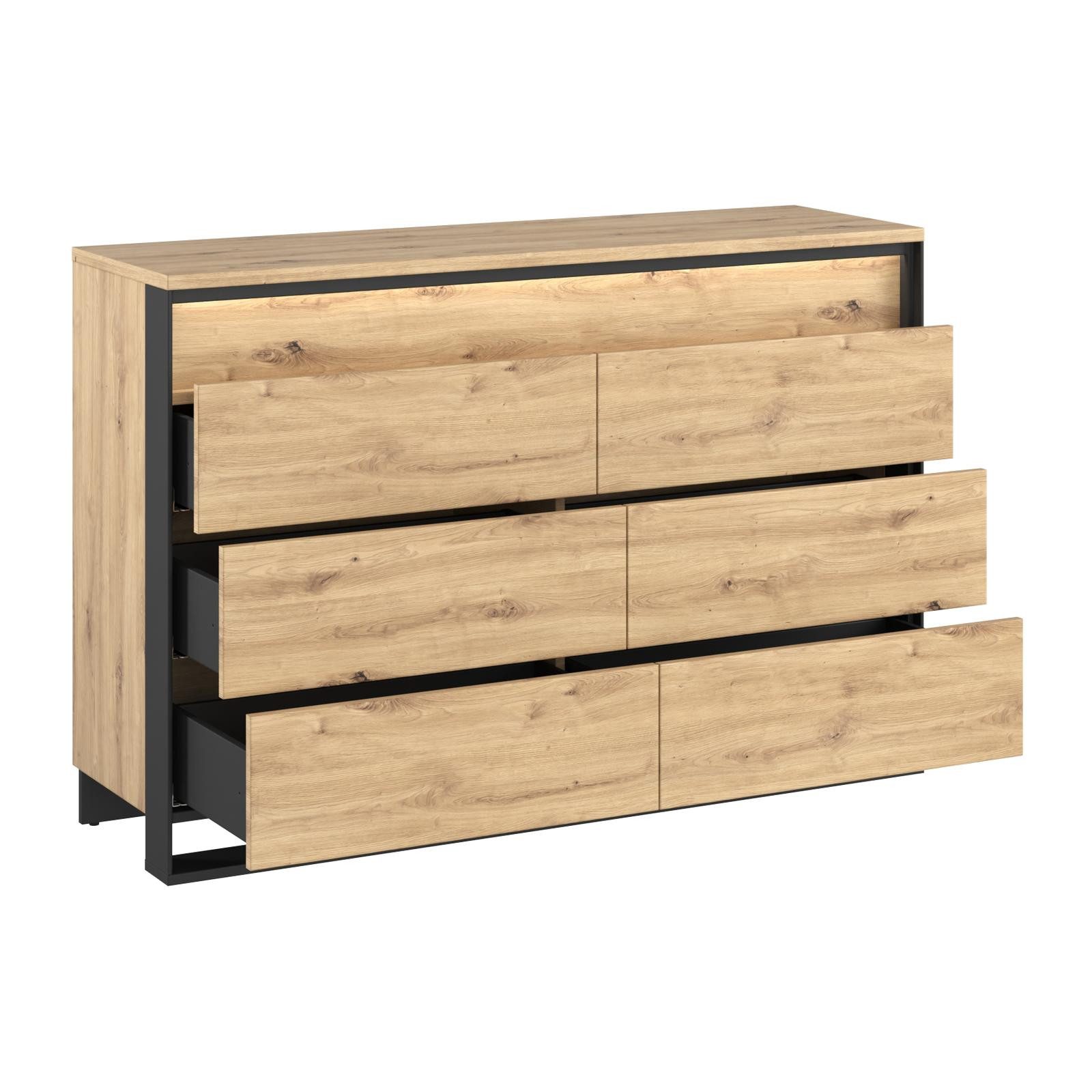 HAUSELEMENT Kommode QUANT QS-04, 6 Schubladen LED-Beleuchtung Sideboard 133 cm Mehrzweckschrank