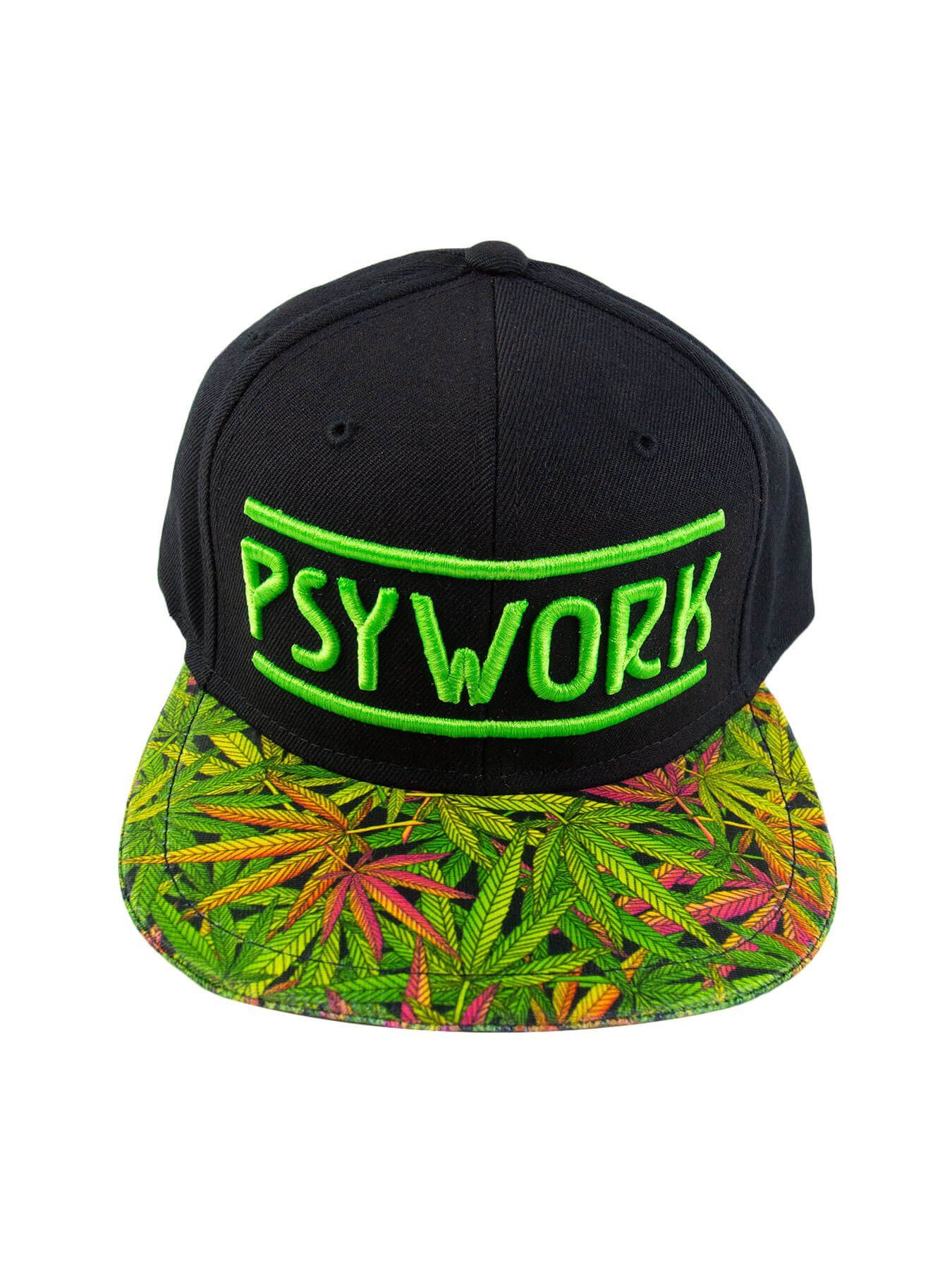 PSYWORK Snapback Cap Schwarzlicht Black Cap Neon "Funky Weed", Grün UV-aktiv, leuchtet unter Schwarzlicht