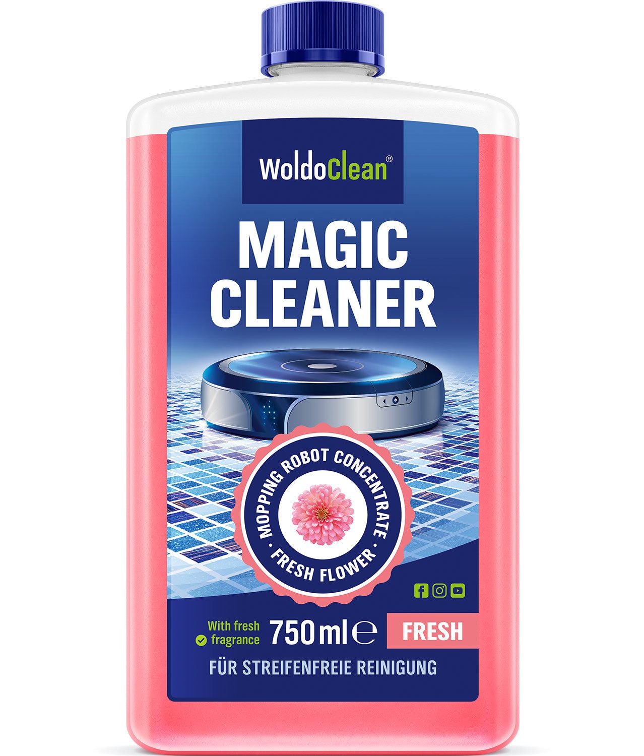 WoldoClean WoldoClean Wischroboter Reinigungsmittel Konzentrat 750 ml Fussbodenreiniger (für Keramik Fliesen Feinsteinzeug & Steinzeug mit Blumenduft)