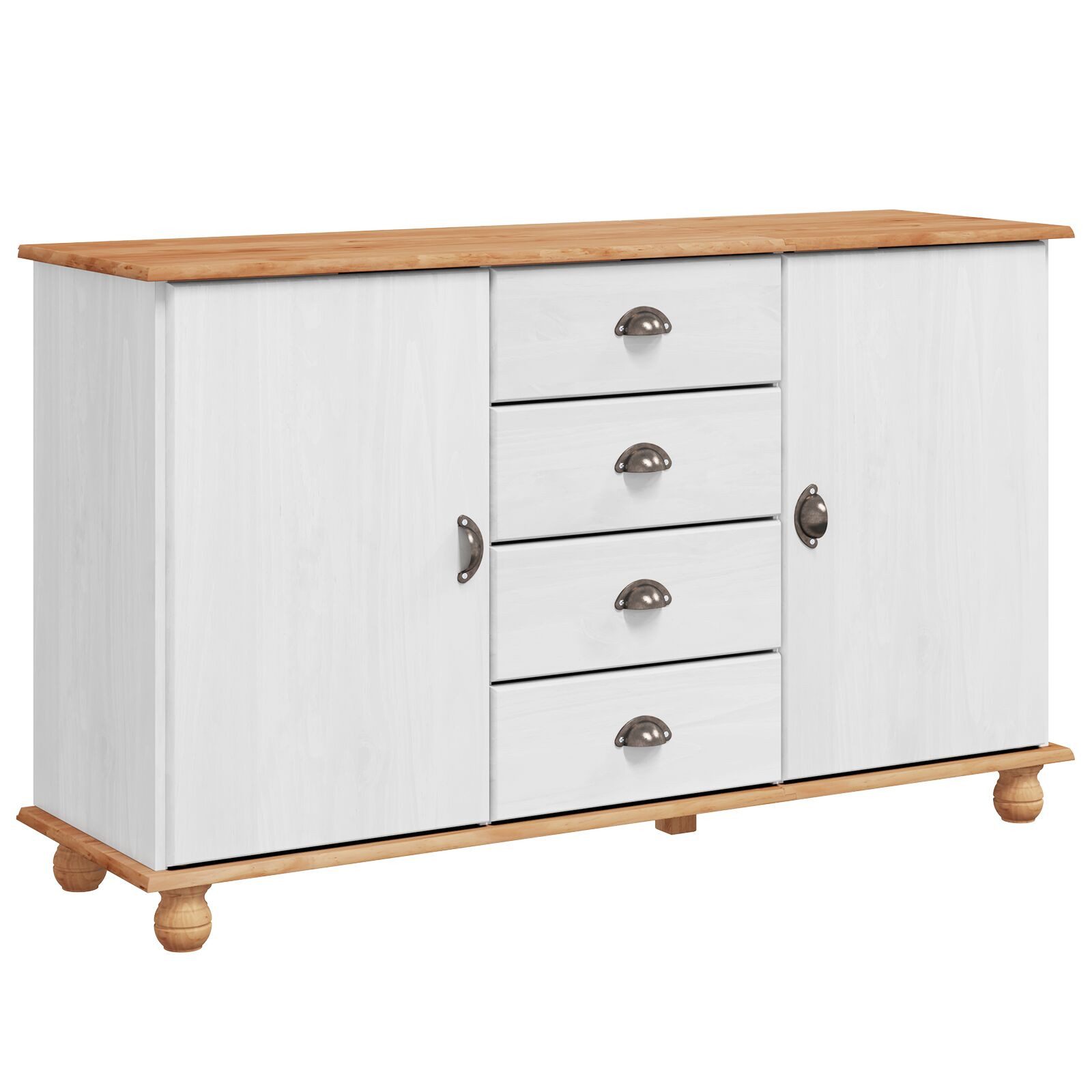 Nettlife Sideboard Weiß/Braun 133,5x40x79 cm Massivholz Kiefer, Geeignet für Esszimmer, Wohnzimmer, Schlafzimmer, Küche