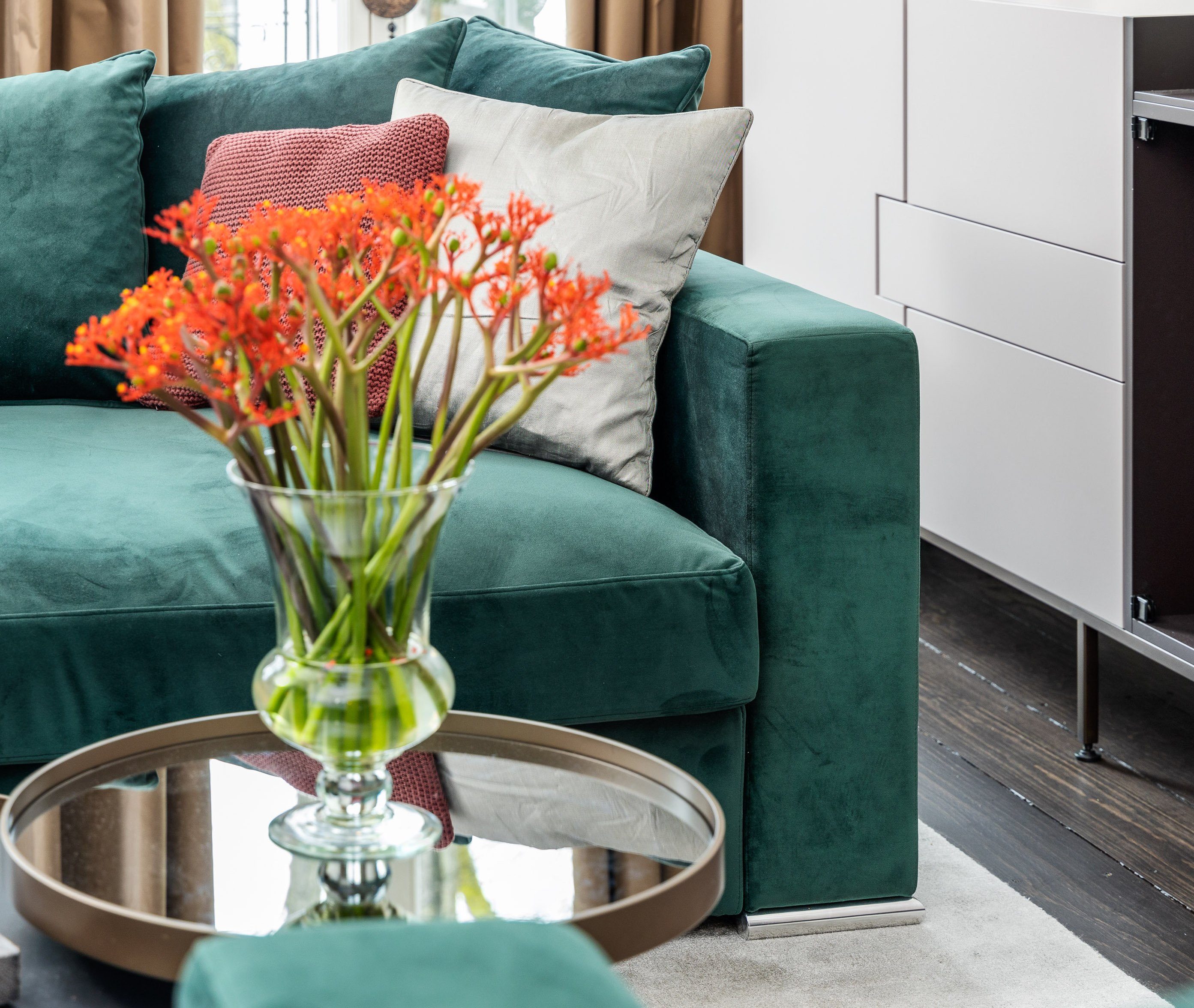 'George' 4 Elements Samt 2m, Sitzer (Samt) Grün 2 od. gemütlich Stoff-Bezug AMARIS Sofa Größen Couch