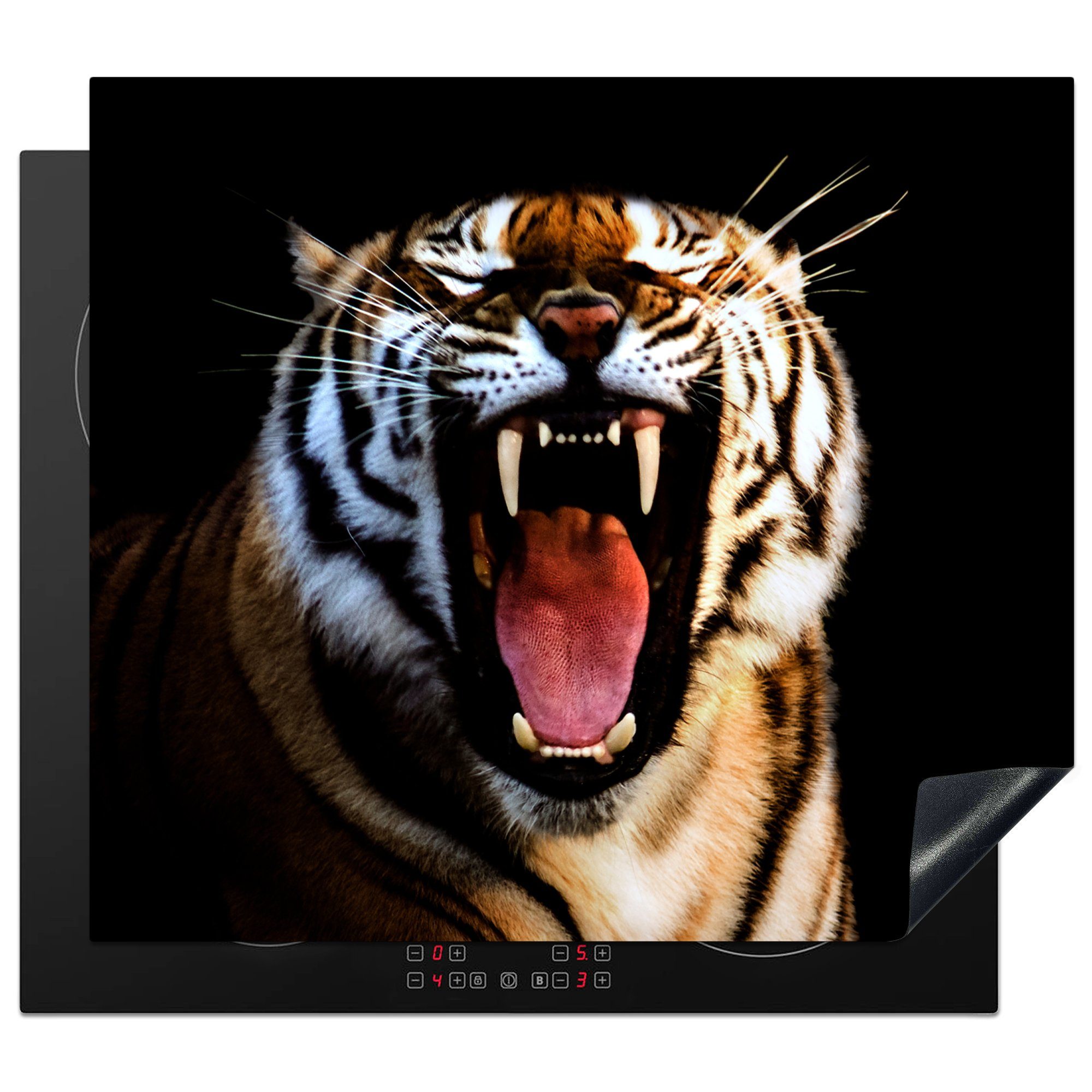 MuchoWow Herdblende-/Abdeckplatte Tiger - Zähne - Schwarz, Vinyl, (1 tlg), 59x52 cm, Ceranfeldabdeckung für die küche, Induktionsmatte | Herdabdeckplatten