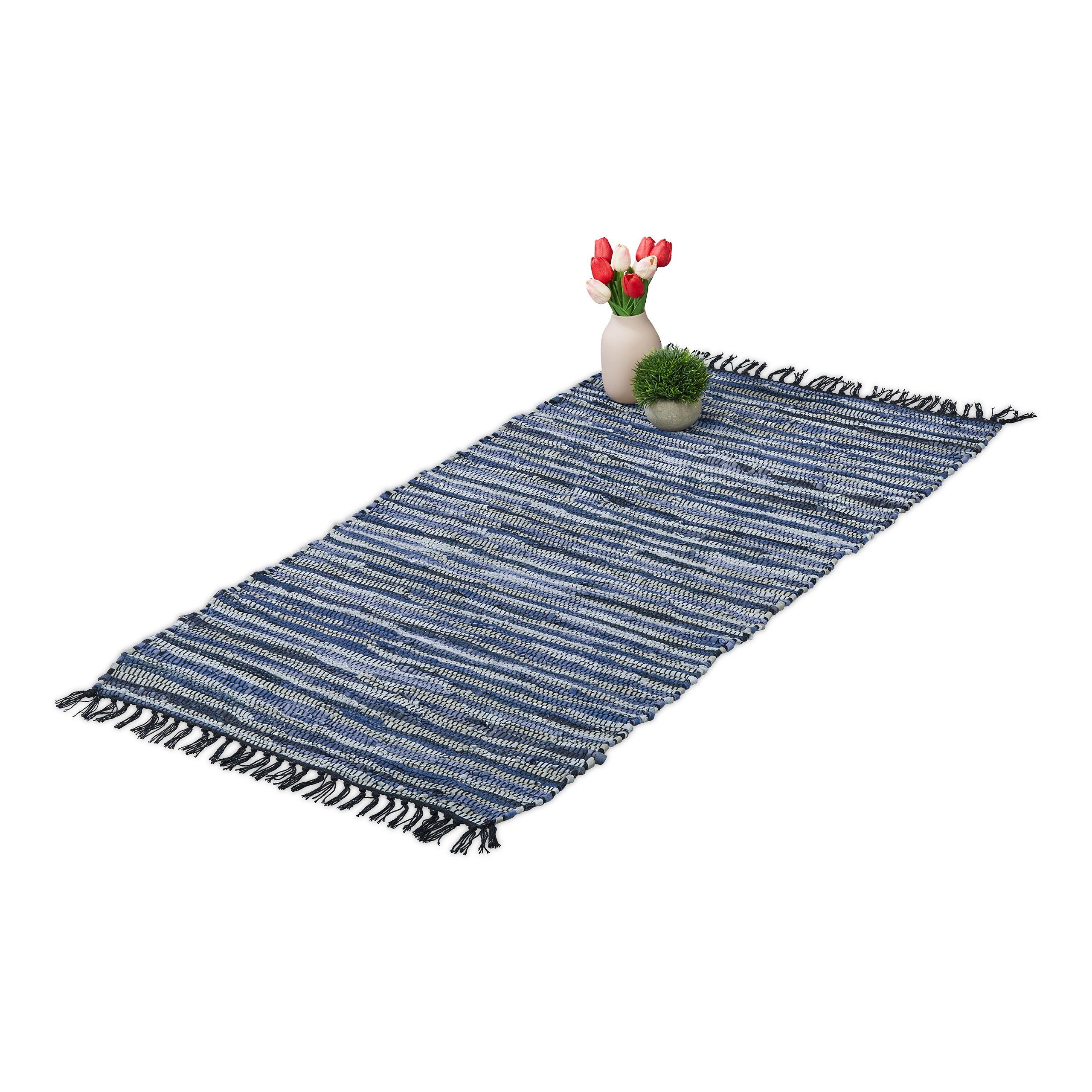 relaxdays Läufer Flickenteppich Leder & Baumwolle, Höhe: 10 mm, blau günstig online kaufen