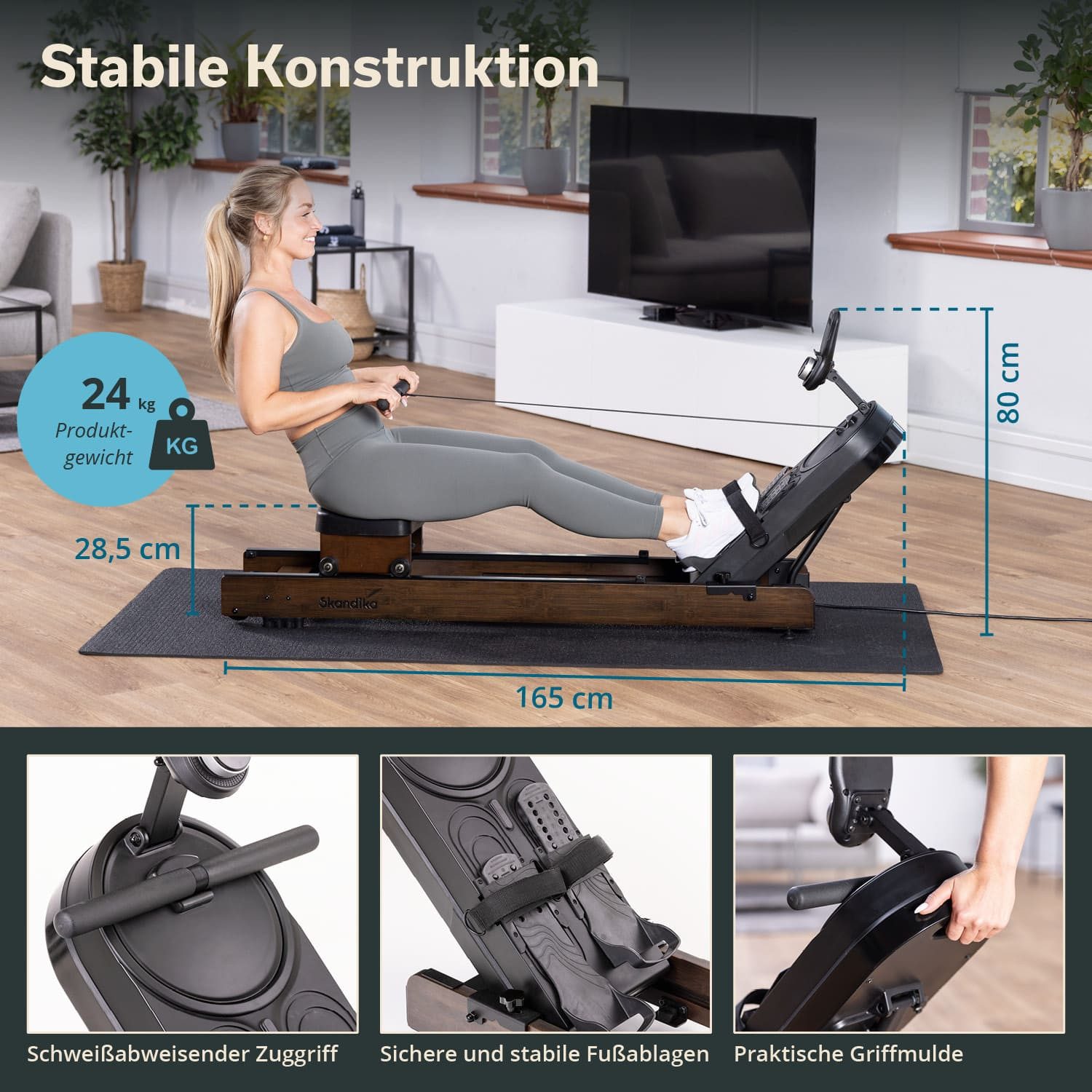 Skandika Rudergerät Holz für Zuhause Rovek, Magnetwiderstand mit 32 Stufen, aufstellbar (6 kg Schwungmassensystem, Transportrollen, Max. Benutzergewicht 130 kg), KinomapApp kompatibel, Bluetooth, Tablet Halterung, bis 195 cm