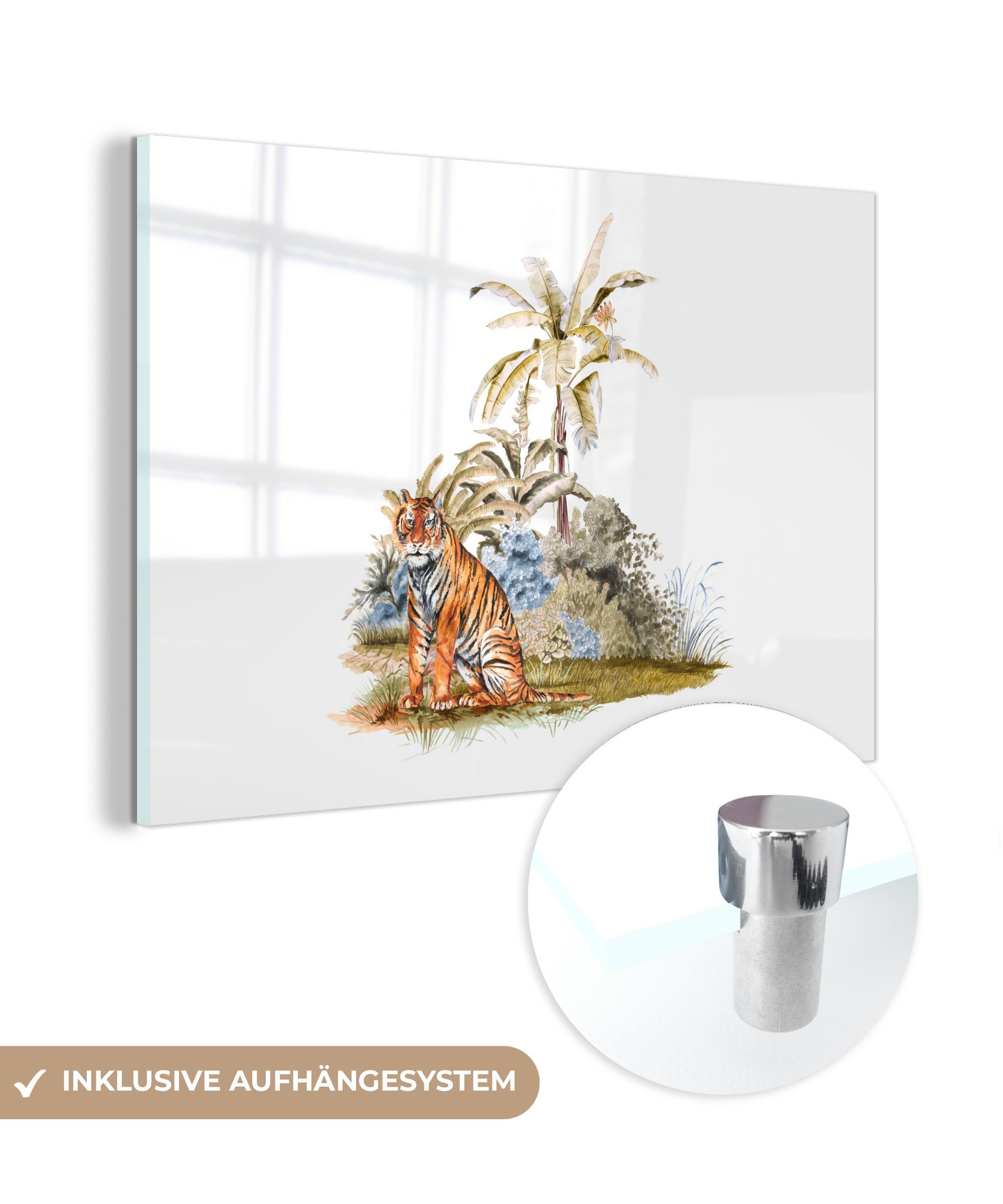 MuchoWow Acrylglasbild Tiger - Baum - Weiß, (1 St), Acrylglasbilder Wohnzimmer & Schlafzimmer