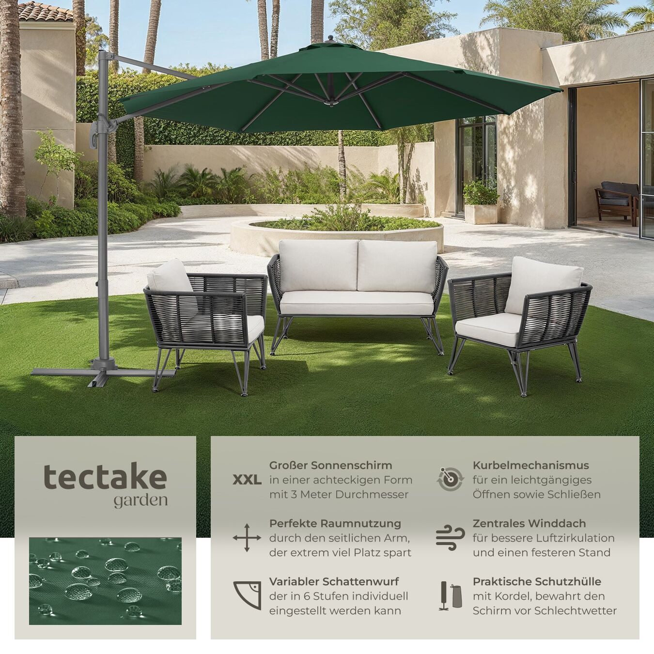 tectake Ampelschirm Sonnenschirm mit Winddach, UV-Schutz 50+, Inkl. Schutzhülle, Ø 300, Balkonschirm Daria, für Außen in Grün, leichtgängiger Mechanismus mit Fußpedal, 6 einstellbare Neigungsstufen