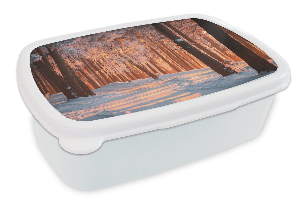 MuchoWow Lunchbox Winter - Wald Brotbox weiß Baum, Jungs Brotdose, Mädchen und Kinder und für Kunststoff, für (2-tlg), - Erwachsene
