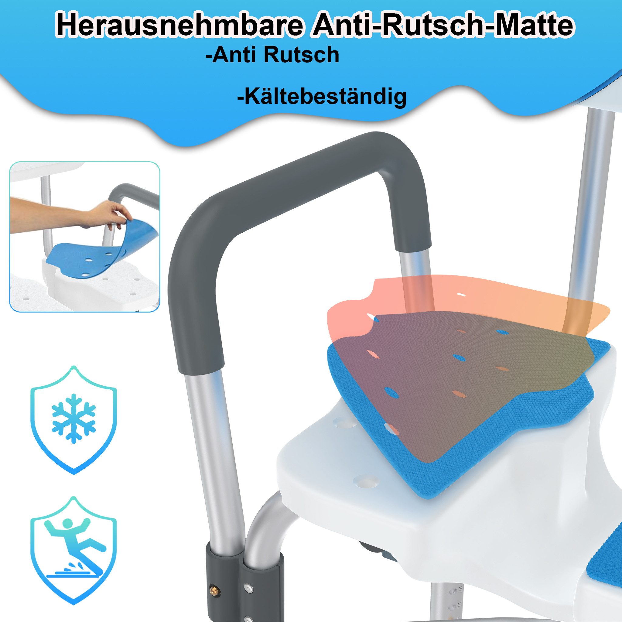 FIVMEN Duschhocker mit Hygieneausschnitt, Duschstuhl mit Rückenlehne Armlehnen belastbar, belastbar bis 180 kg, mit rutschfesten Fußpolstern, Höhenverstellbarer Duschsitz, Badestuhl